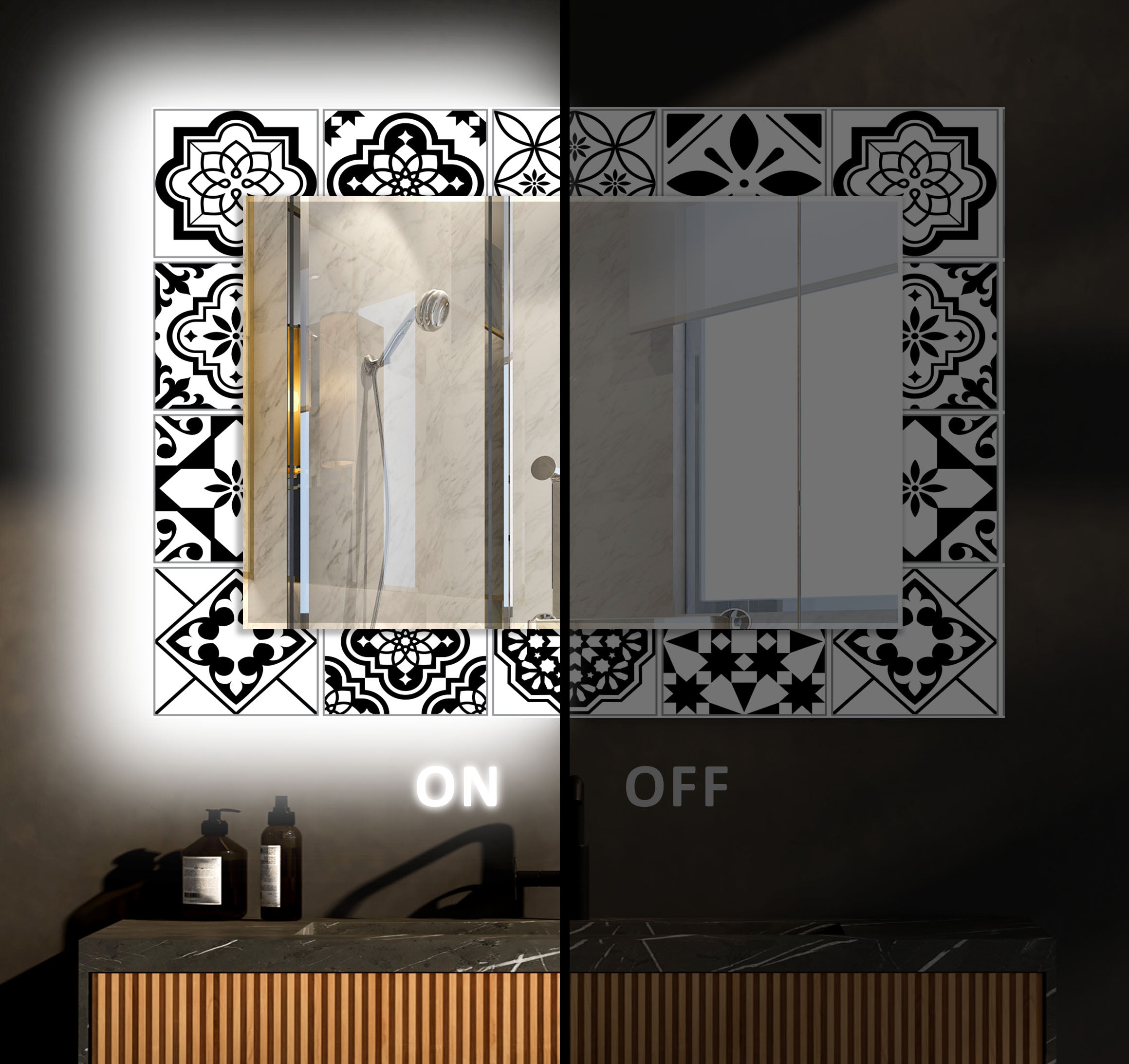 Black and White Mosaic Wall Mirror - Decorative Bathroom Vanity Mirror for Home Decor, Living Room, Bedroom, or Entryway