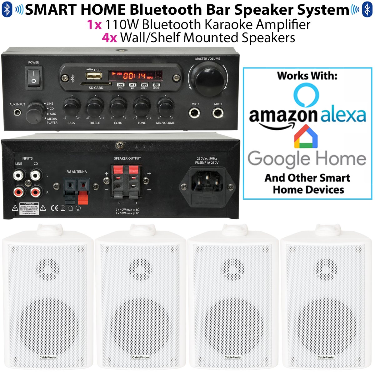 Wireless Bluetooth Wall Speaker System for Bars & Restaurants - Background Music Amp Kit with High-Quality Sound for Indoor & Outdoor Commercial Use