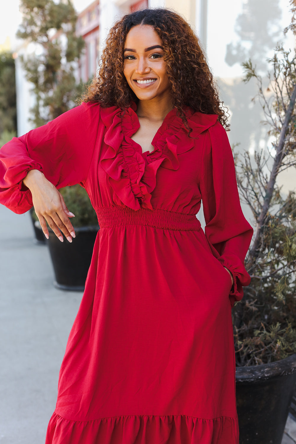 Elegant Holiday Red Overlap Ruffle V-Neck Midi Dress for Women | Christmas Party, Cocktail Event & Special Occasion Outfit