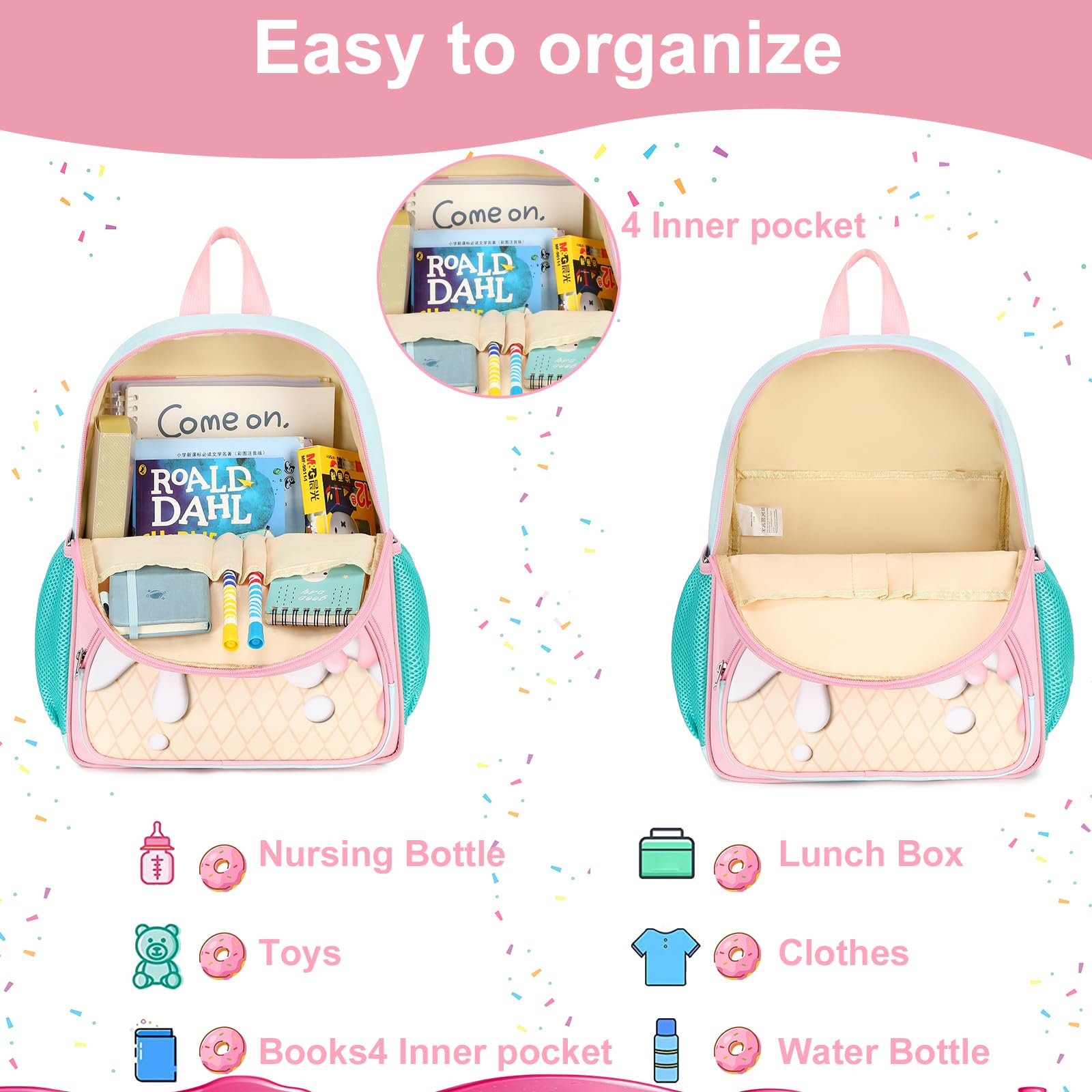 BTOOP Cute Ice Cream Themed Toddler Backpack for Girls - Lightweight Preschool & Kindergarten School Bag with Adjustable Straps - Perfect for Daycare, Travel, and Everyday Use