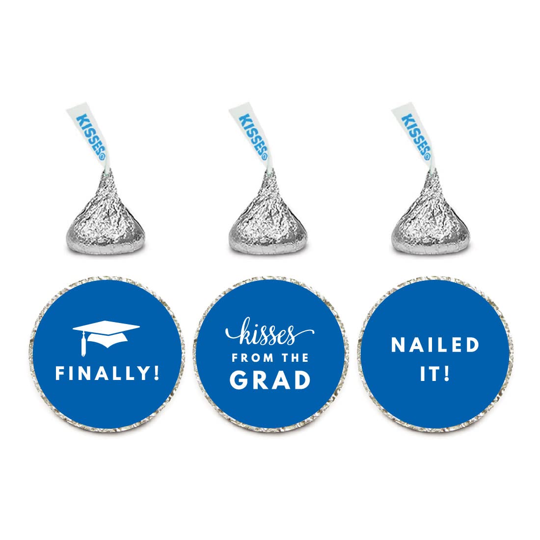 216-Pack Andaz Press Chocolate Drop Labels Trio - Fits Hershey's Kisses, Funny Graduation Gift Tags, Royal Blue - Perfect for Party Favors, Candy Wrappers & DIY Gift Packaging