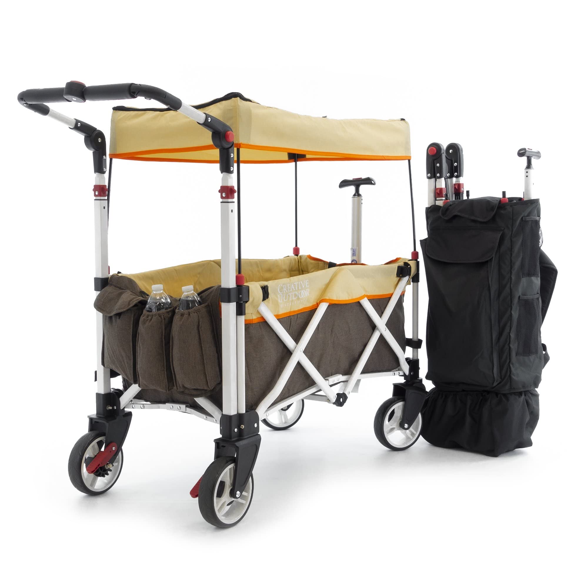 Ultra Compact Folding Stroller Wagon with Canopy - Lightweight Push Pull Design for Kids & Pets - Supports 150lbs - Perfect for Camping, Beach, Park & Sporting Events (Brown/Tan) - Ideal for Family Outings, Picnics & Outdoor Adventures