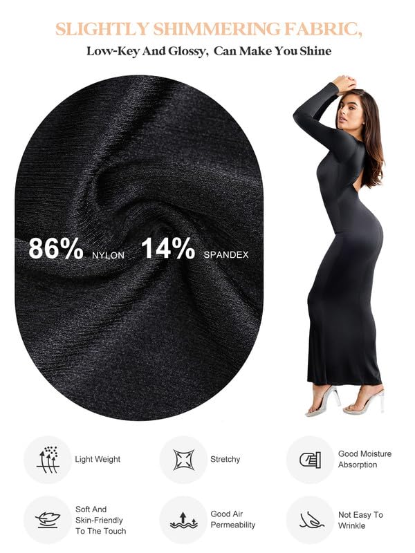Elegant Popilush Shapewear Ball Gown for Women - Formal Long Sleeve Satin V-Neck Dress for Wedding, Cocktail Party & Special Occasions | Slimming Maxi Dress for Evening Events & Red Carpet