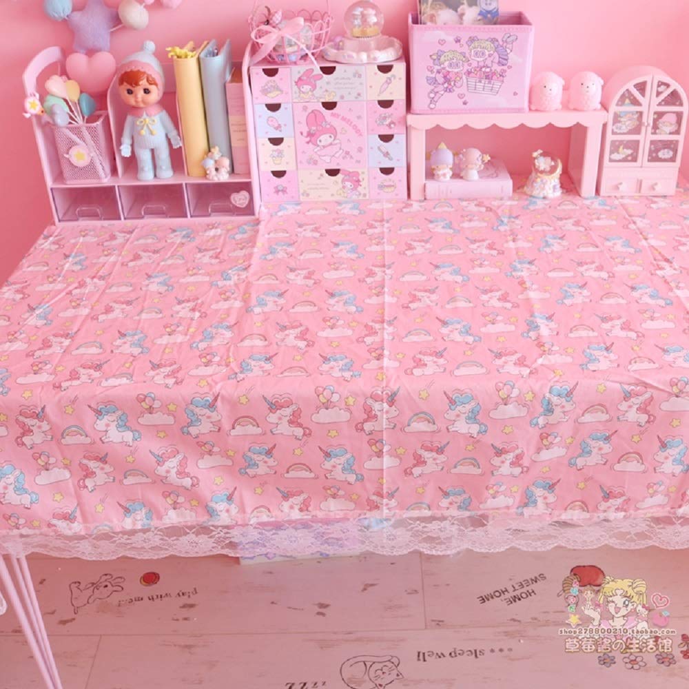 GK-O Girls Pink White Lace Kawaii Tablecloth - Unicorn Print Coffee Table Decor Desk Mats for Birthday Party, Tea Time & Home Decoration