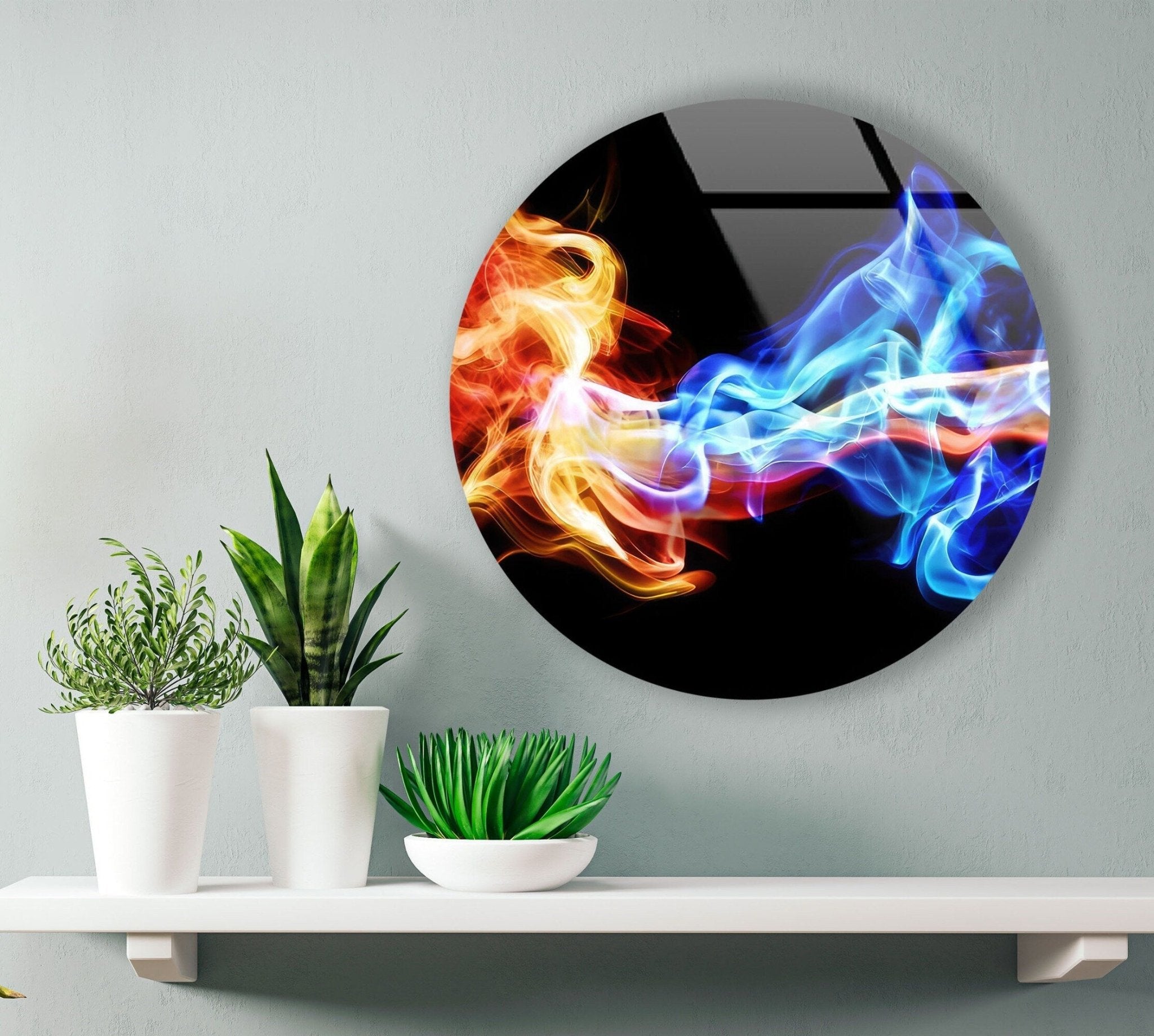 Abstract Round Orange & Blue Glass Wall Art - Modern Handmade Home Decor for Living Room, Bedroom & Office - Unique Glass Artwork for Wall Decor & Gifts