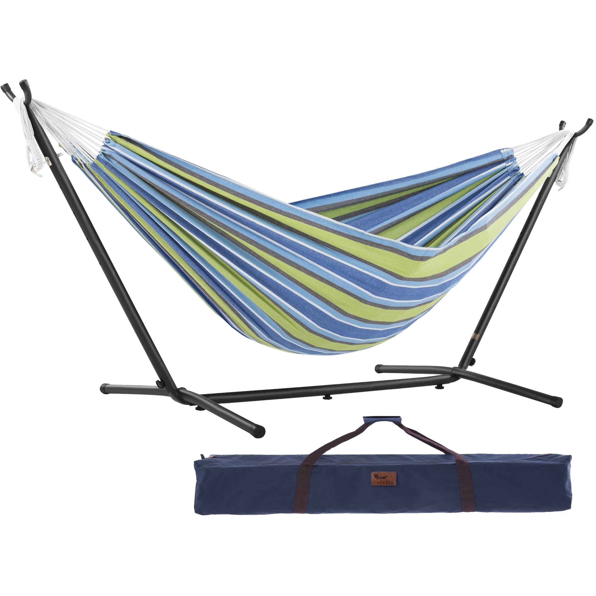 Premium Vivere Double Cotton Hammock with Space-Saving Steel Stand - 450 lb Capacity - Upgraded Polyester End Strings - Includes Carry Bag - USA Grown Cotton (Oasis) - Perfect for Backyard, Patio, Camping & Beach Relaxation