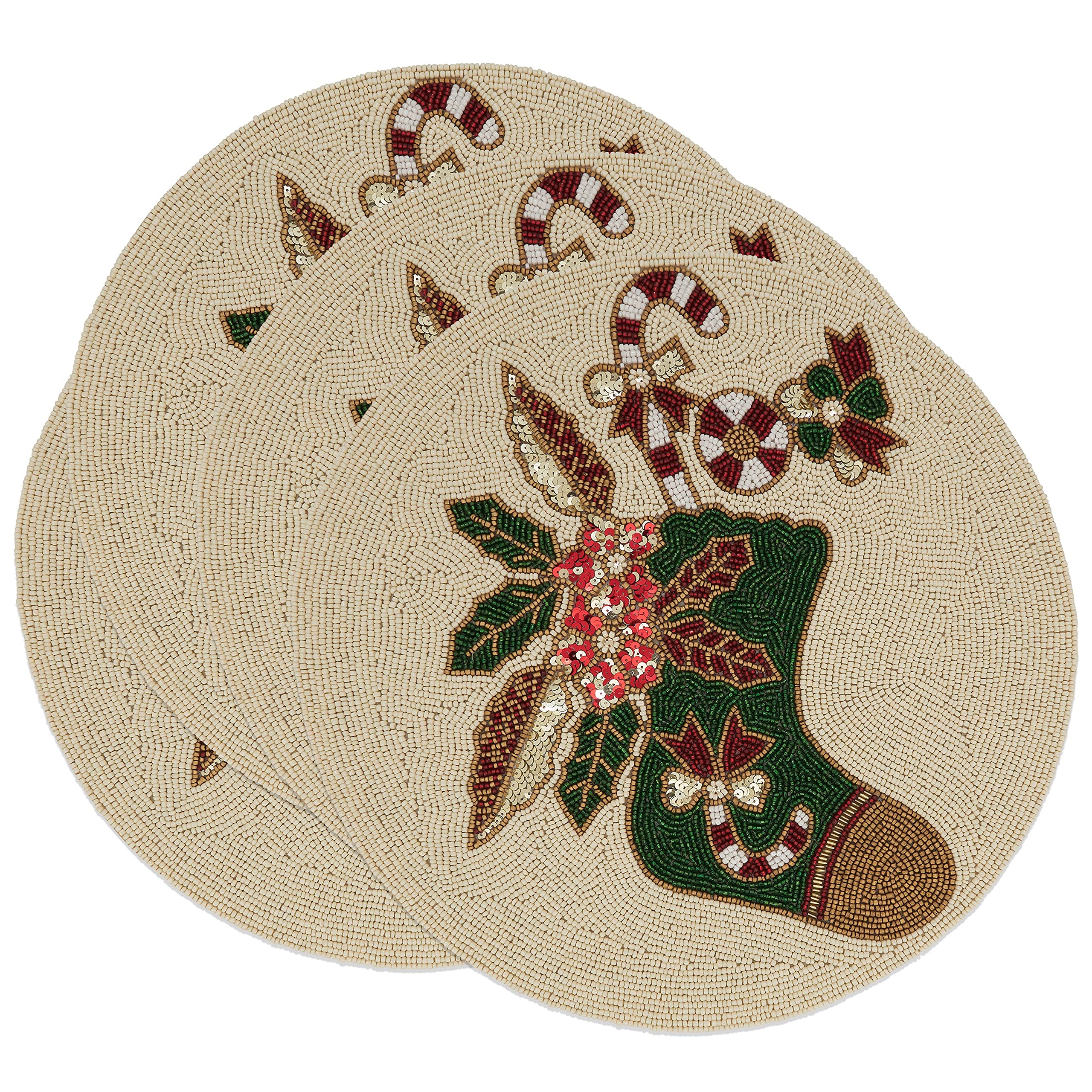 Beaded Christmas Stocking Placemats Set of 4 - Holiday Table Decor for Christmas Dinner, Party & Festive Home Decor