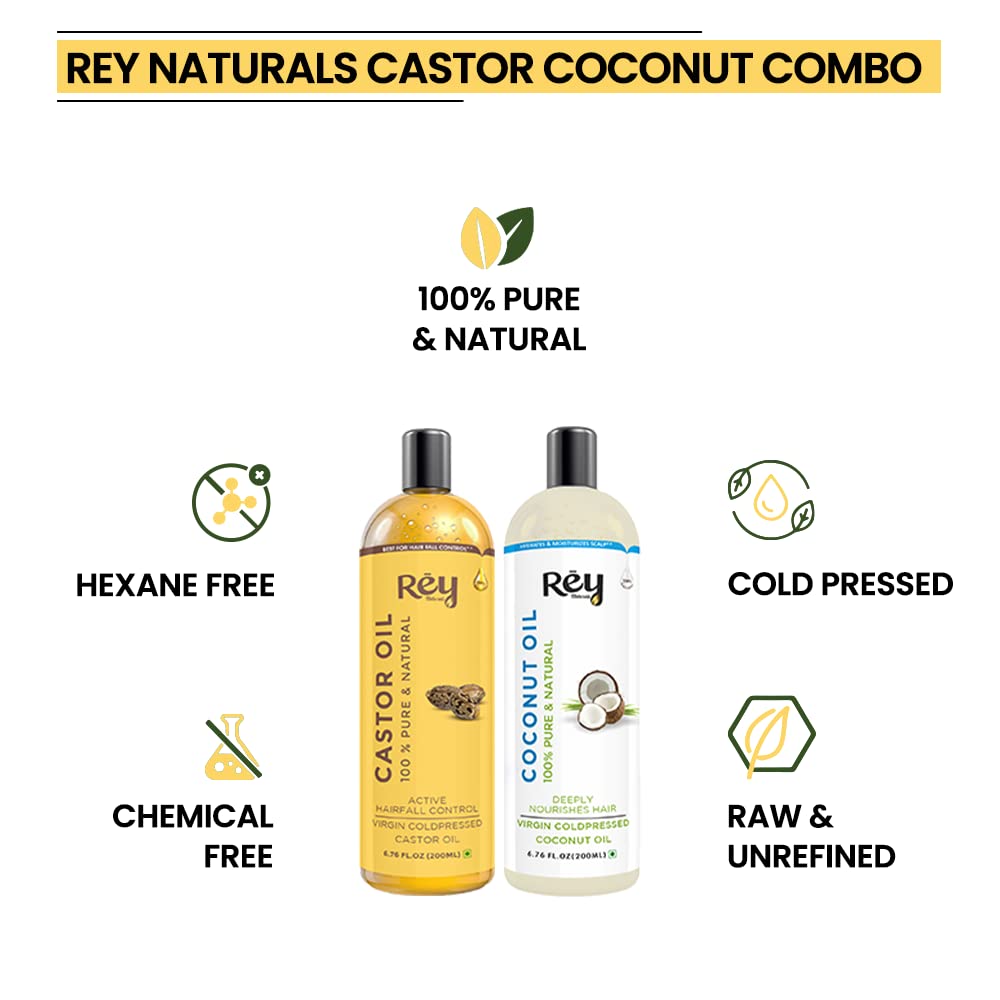 Rey Naturals Cold Pressed Castor & Virgin Coconut Hair Oil - 200ml x 2 | Natural Hair Growth Treatment for Men & Women | Controls Hair Fall, Nourishes Eyebrows & Eyelashes | Hydrates Scalp & Strengthens Nails | Perfect for Daily Hair Care & Styling Routine