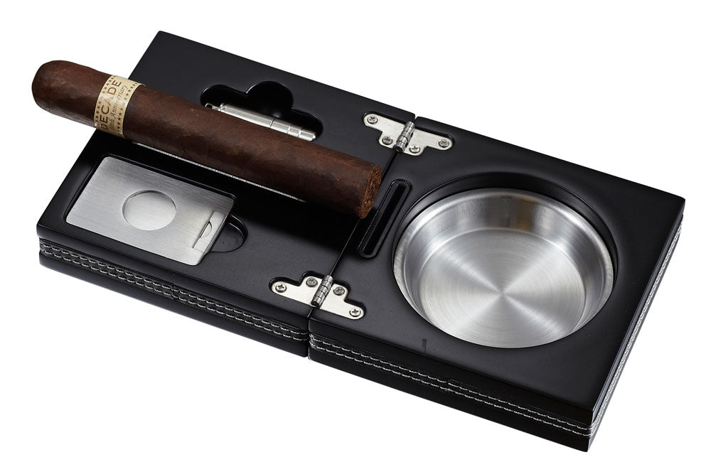 Premium Carnis Wooden Folding Cigar Ashtray with Built-in Cutter & Punch - Portable Travel Humidor Accessory for Outdoor Smoking, Parties & Gifts