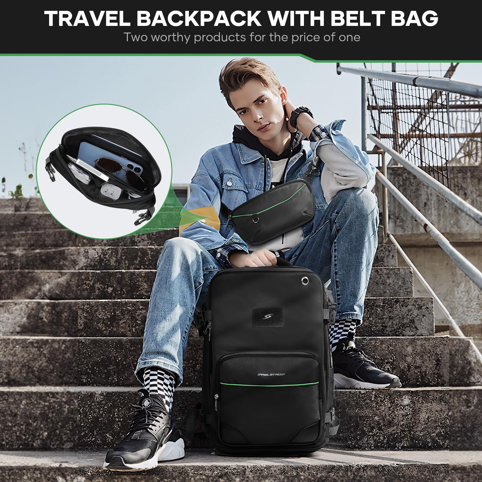 Maelstrom 35L Travel Backpack for Men & Women - Waterproof Carry-On with Belt Bag & Shoe Compartment, Fits 17” Laptop - Classic Black, Large - Perfect for Airplane Travel & Outdoor Adventures