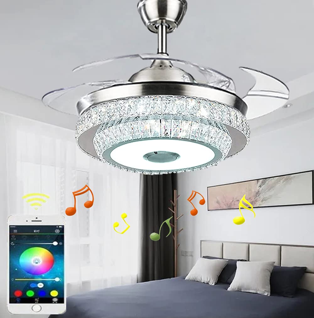 42 Inch Smart Bluetooth Crystal Ceiling Fan with LED Lights - Remote Control, Music Player, Retractable Blades, 3 Speeds & 7 Color Dimmable Lighting - Perfect for Living Room, Bedroom and Home Theater Decor