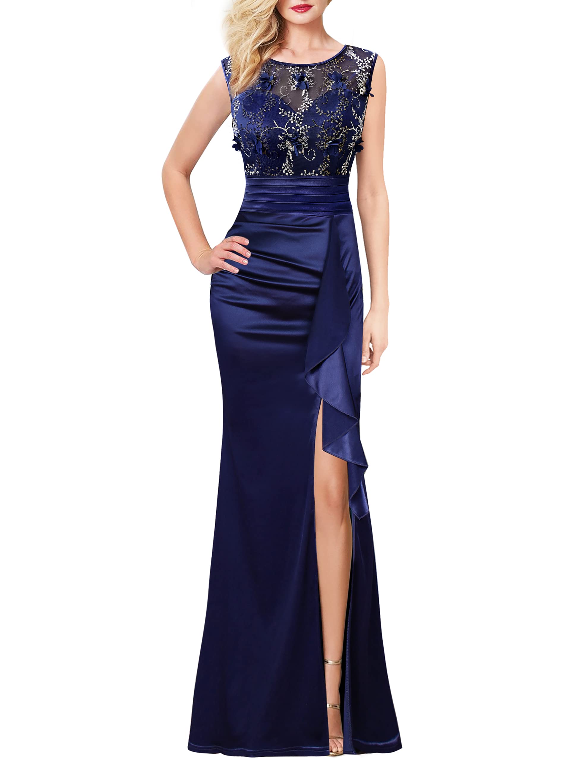 VFSHOW Women's Formal Ruched Ruffles Evening Prom Wedding Party Maxi Dress - Elegant Long Gown for Special Occasions, Dinners & Celebrations