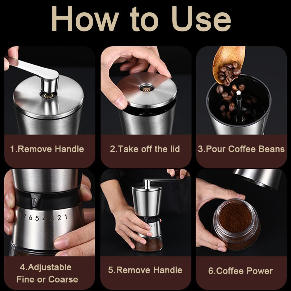 Premium Manual Coffee Grinder - 8 Adjustable Coarseness Settings, Large Capacity Ceramic Burr Mill with Stainless Steel Body for Espresso, French Press & Pour Over | Perfect for Home, Travel & Camping | Easy to Clean & Portable Design