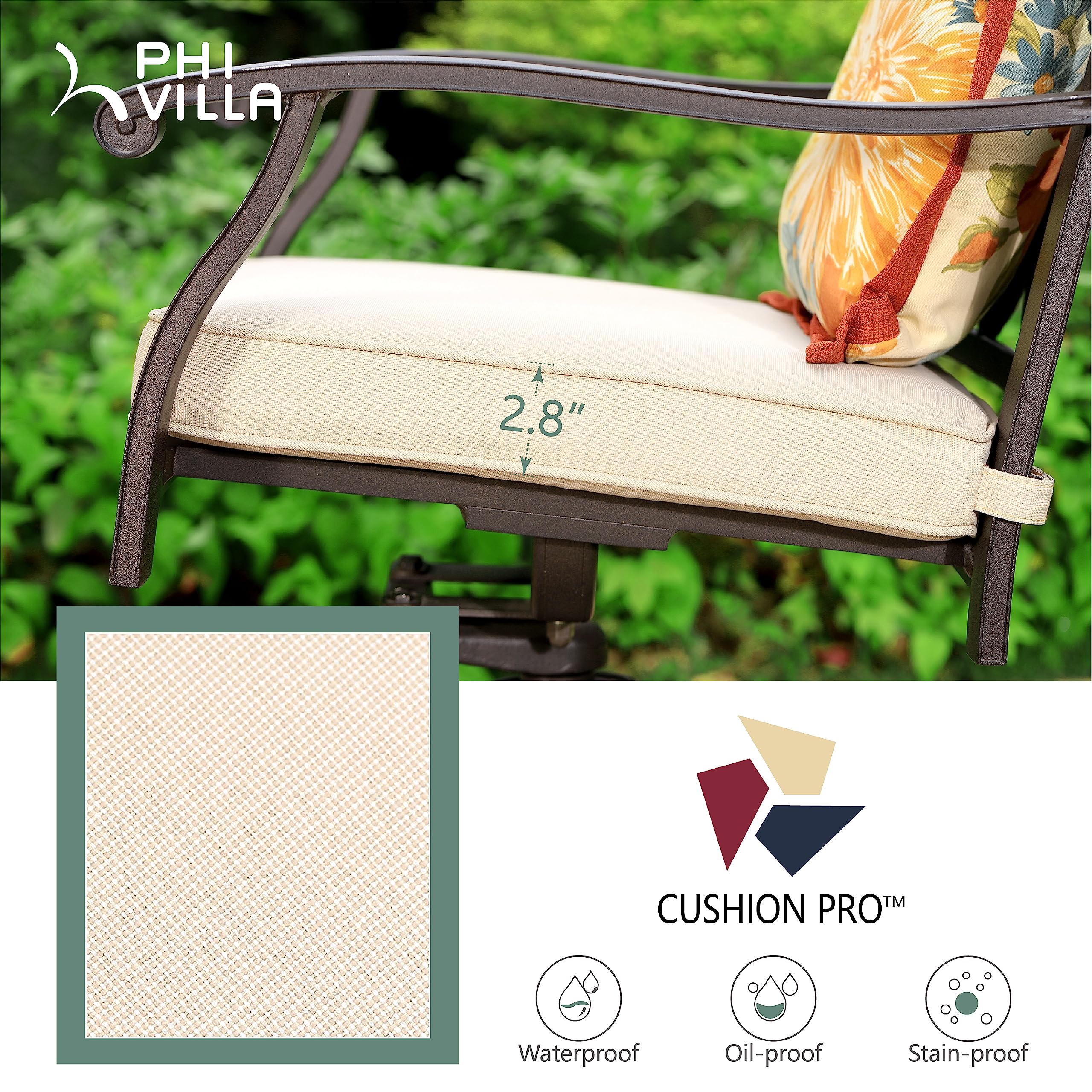 PHI VILLA 2-Piece Cast Aluminum Outdoor Patio Swivel Dining Chairs Set - All-Weather Rust-Resistant Wide Armrest Chairs with Cushions - Perfect for Backyard, Garden, Poolside & Restaurant Use