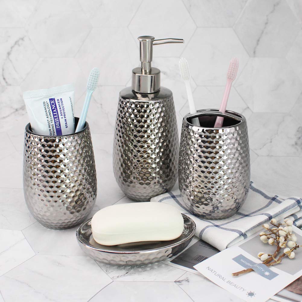 Premium Silver Moroccan Trellis Bathroom Accessories Set - Includes Soap Dispenser, Toothbrush Holder, Tumbler & Soap Dish | Elegant Bath Decor for Modern Homes, Wedding Gifts & Spa Retreats