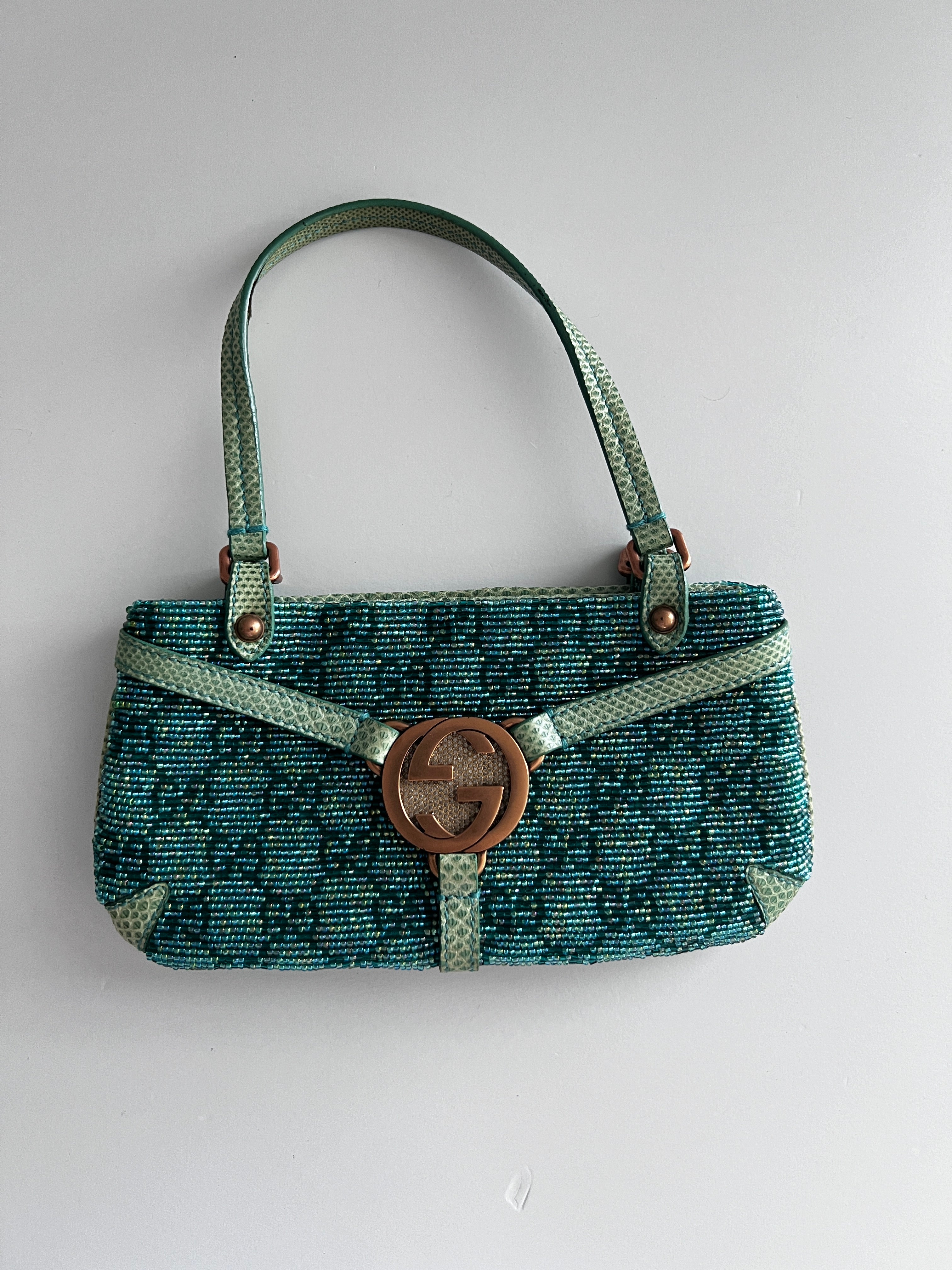 Gucci GG Nonogram Crystal Beaded Lizard Skin Handbag in Turquoise - Luxury Designer Crossbody Bag for Women, Perfect for Evening Parties & Special Occasions