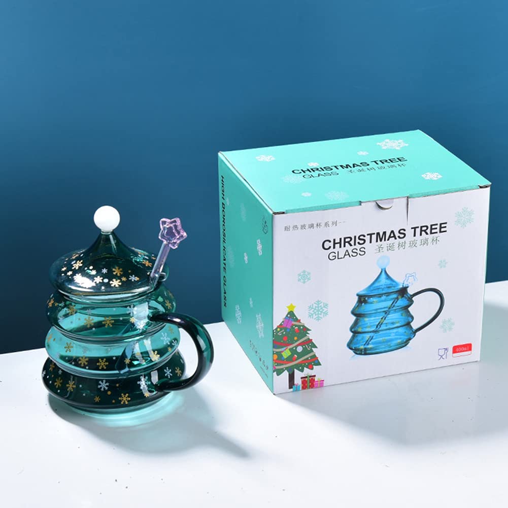 Ochine Christmas Tree Shaped Double Wall Coffee Mug - Insulated Glass Tea Cup with Lid & Dipper for Hot/Cold Drinks - Perfect Holiday Gift for Adults & Kids - Great for Christmas Decor, Office Use & Cozy Home Coffee Time