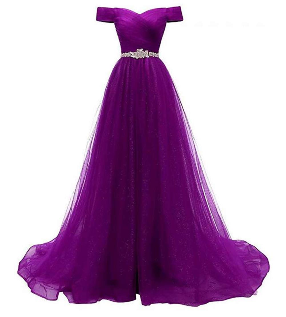 Emanni Women's Off Shoulder Long Prom Dress A Line Tulle Evening Gown - Elegant Plum Formal Dress for Homecoming, Wedding Guest, Cocktail Party & Special Occasions