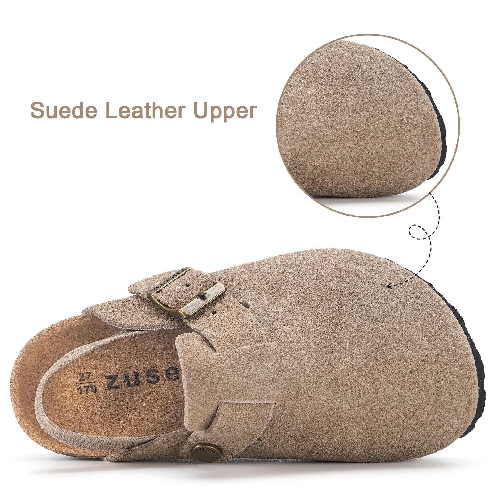 **ZUSERIS Kids Suede Clogs for Toddlers - Adjustable Buckle Leather Slip-On Mules with Cork Footbed - Comfortable Sandals for Boys & Girls - Perfect for Playtime, School & Outdoor Adventures**