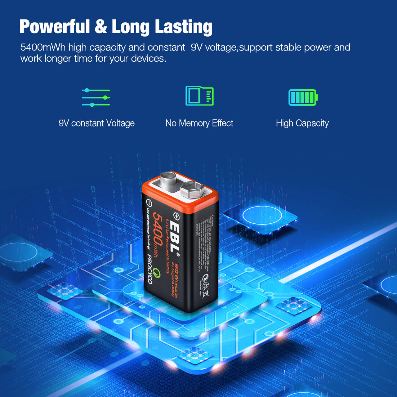 EBL USB Rechargeable 9V Lithium Ion Battery 5400mWh - Long Lasting Power for Guitar Pedals, Smoke Detectors & Electronic Devices