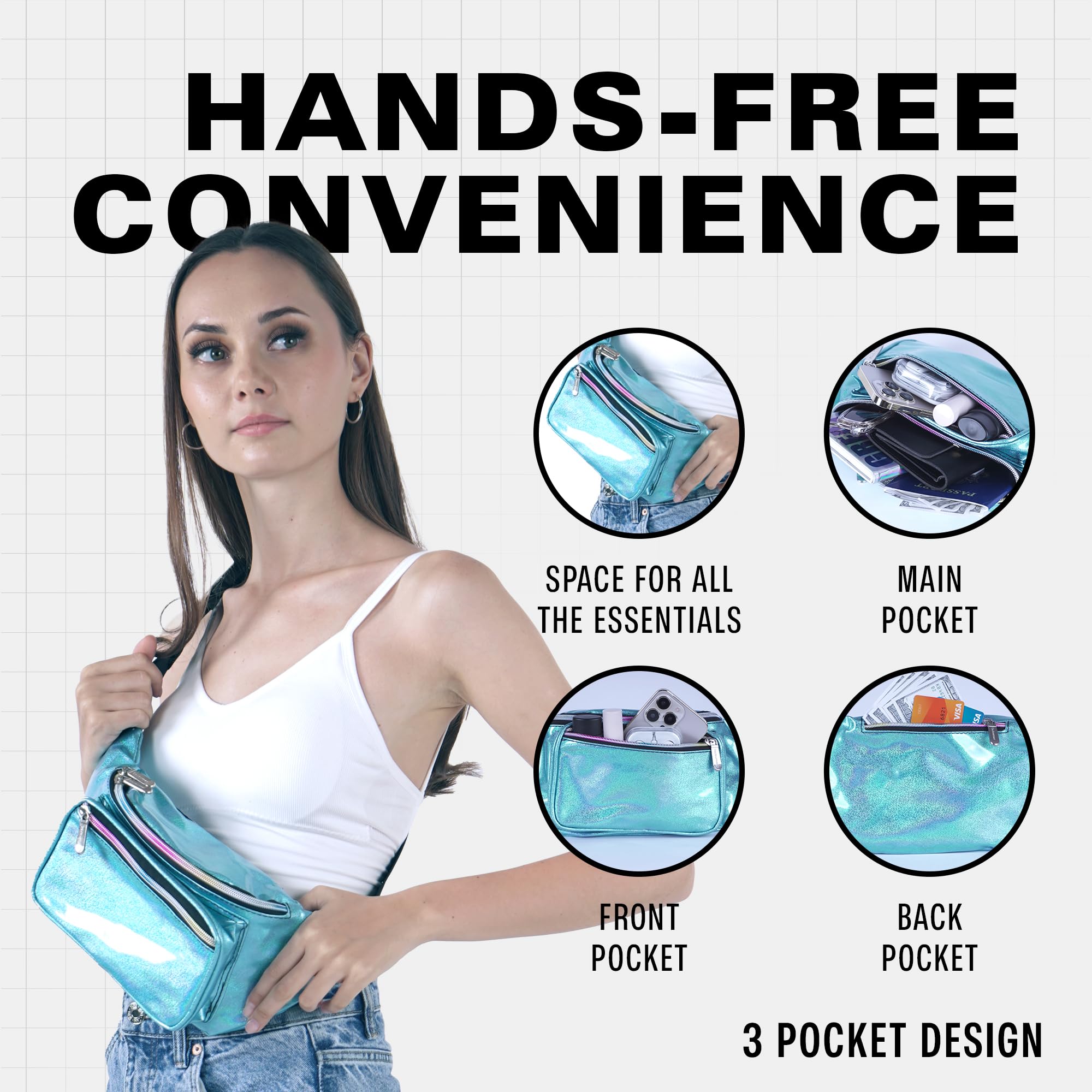 Holographic Fanny Pack Belt Bag for Men & Women - Waterproof Crossbody Waist Bag - Hands-Free Bumbag for Hiking, Running, Travel & Everyday Use - Blue Glitter - Perfect for Outdoor Adventures, Gym & Shopping
