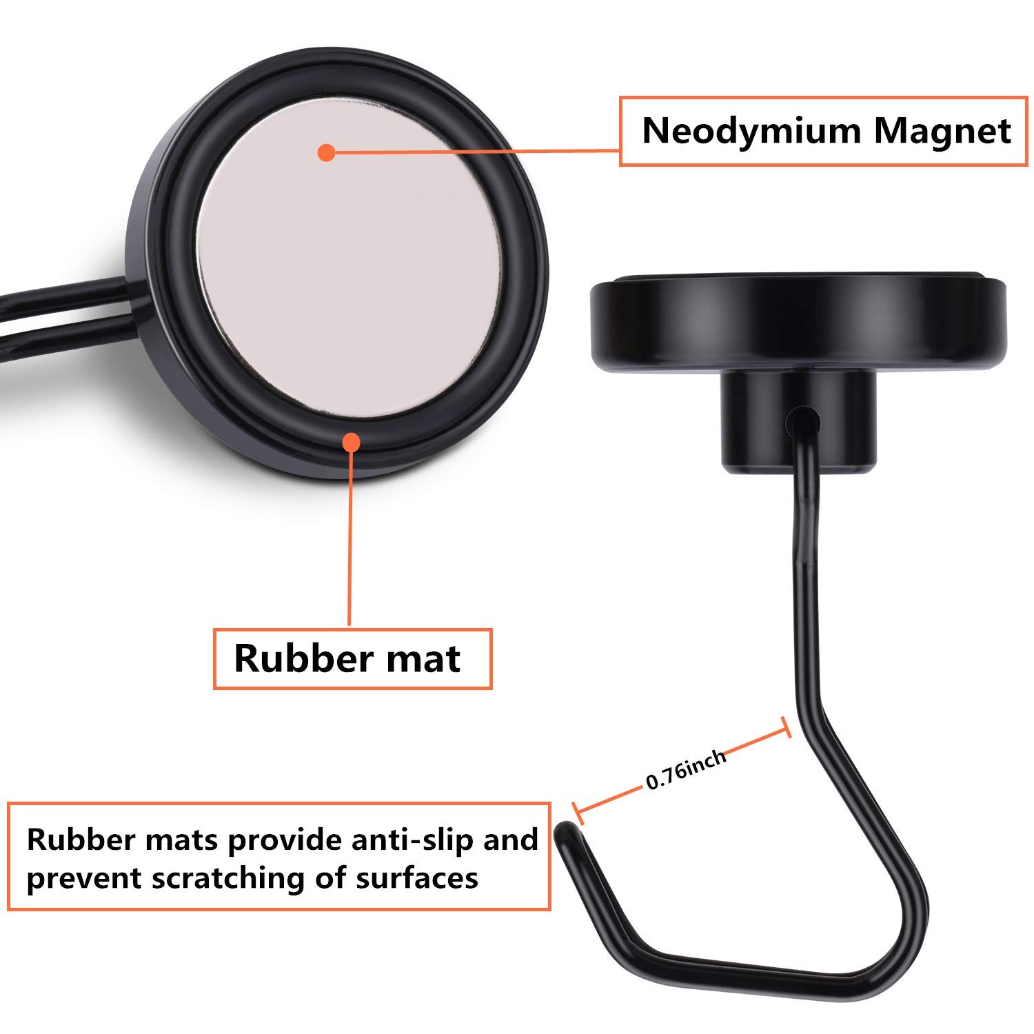 100LB Heavy Duty Neodymium Magnetic Hooks - 6 Pack Black with Rubber Scratch-Resistant Base for Cruise, Refrigerator, Kitchen, Garage & Outdoor Hanging | Strong Rare Earth Magnets for Organizing Tools, Keys & Decor