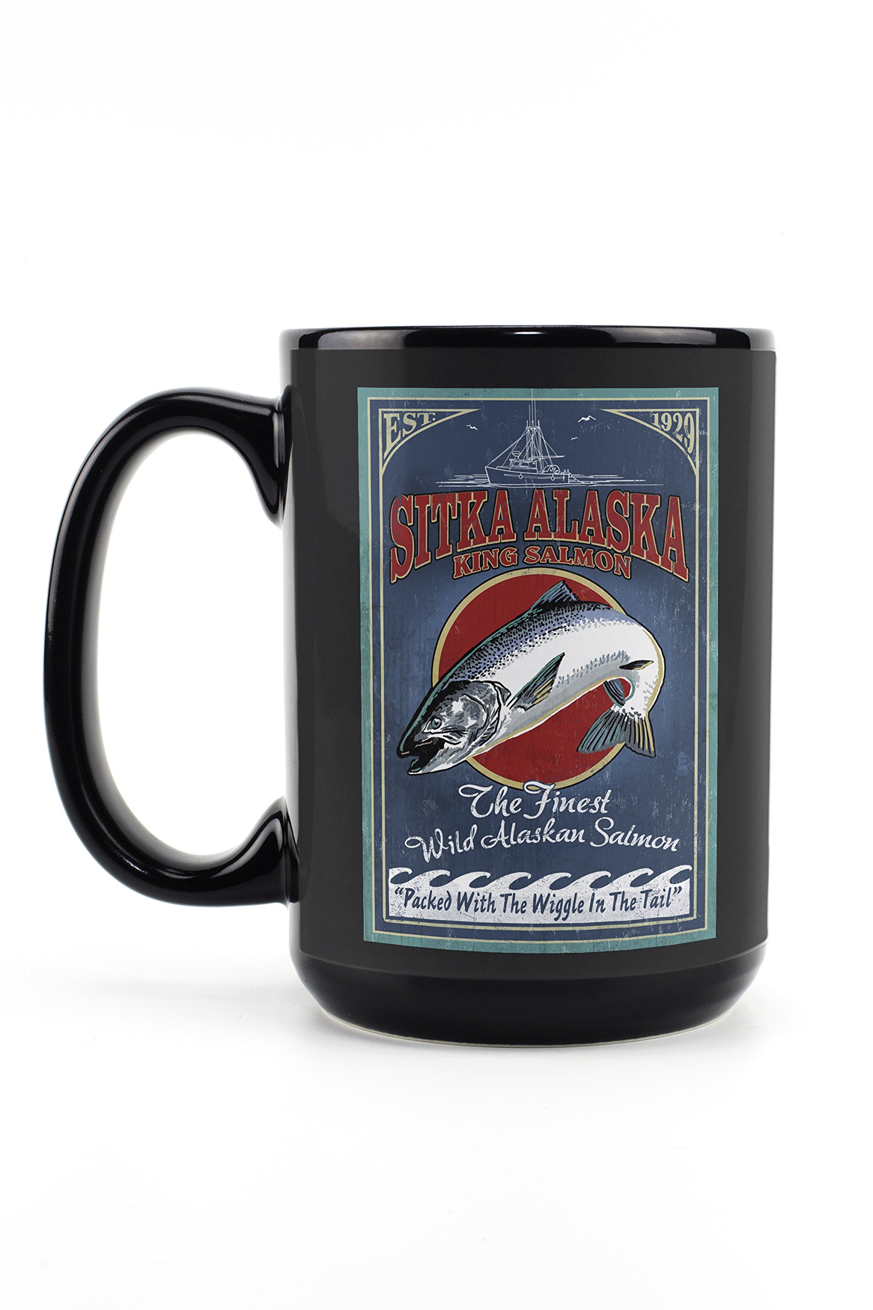 Lantern Press Sitka Alaska King Salmon Vintage Sign Mug - 15oz Black Ceramic Coffee & Tea Cup, Dishwasher & Microwave Safe - Perfect for Home, Office & Camping Use