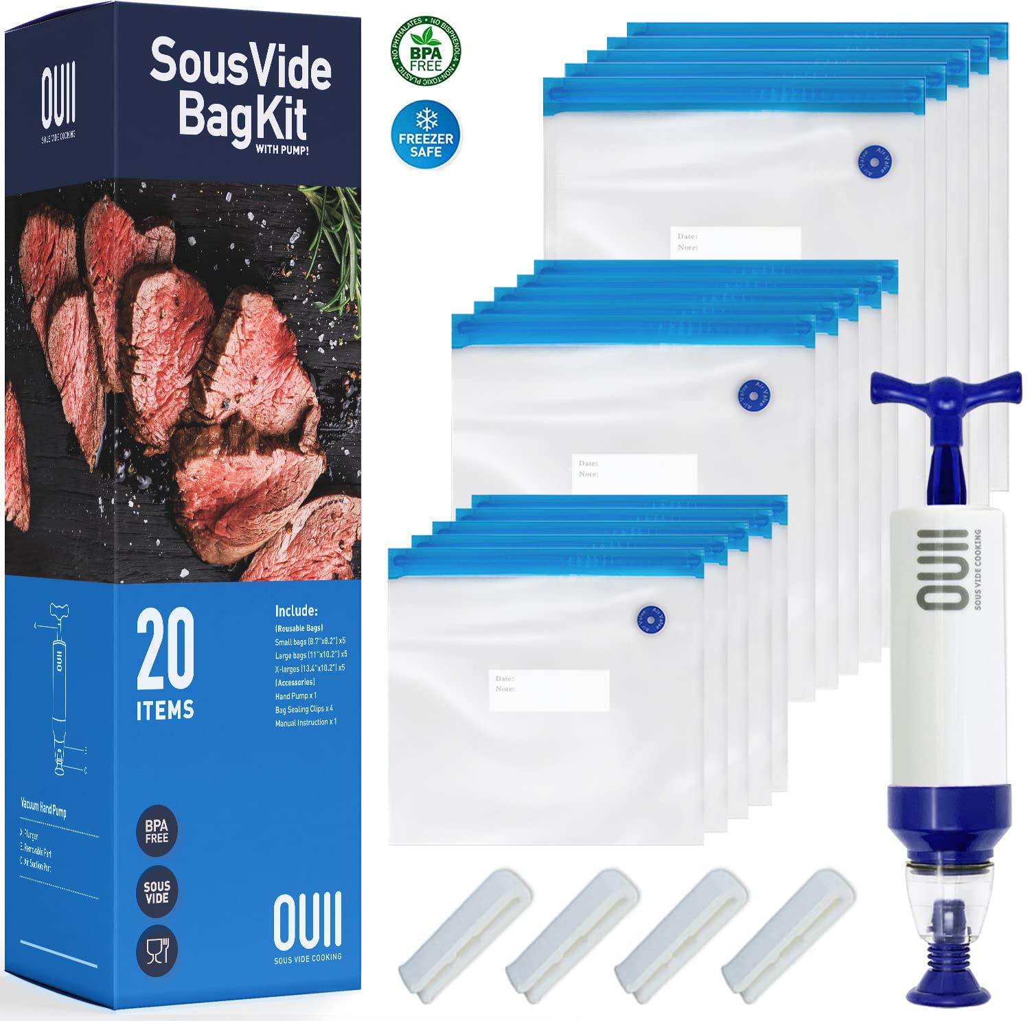 Premium Sous Vide Bags Kit - 20 Pcs Vacuum Sealer Bags with Hand Pump & Clips for Joule, Anova & All Sous Vide Cookers (3 Sizes) | Perfect for Food Storage, Meal Prep & Restaurant Use