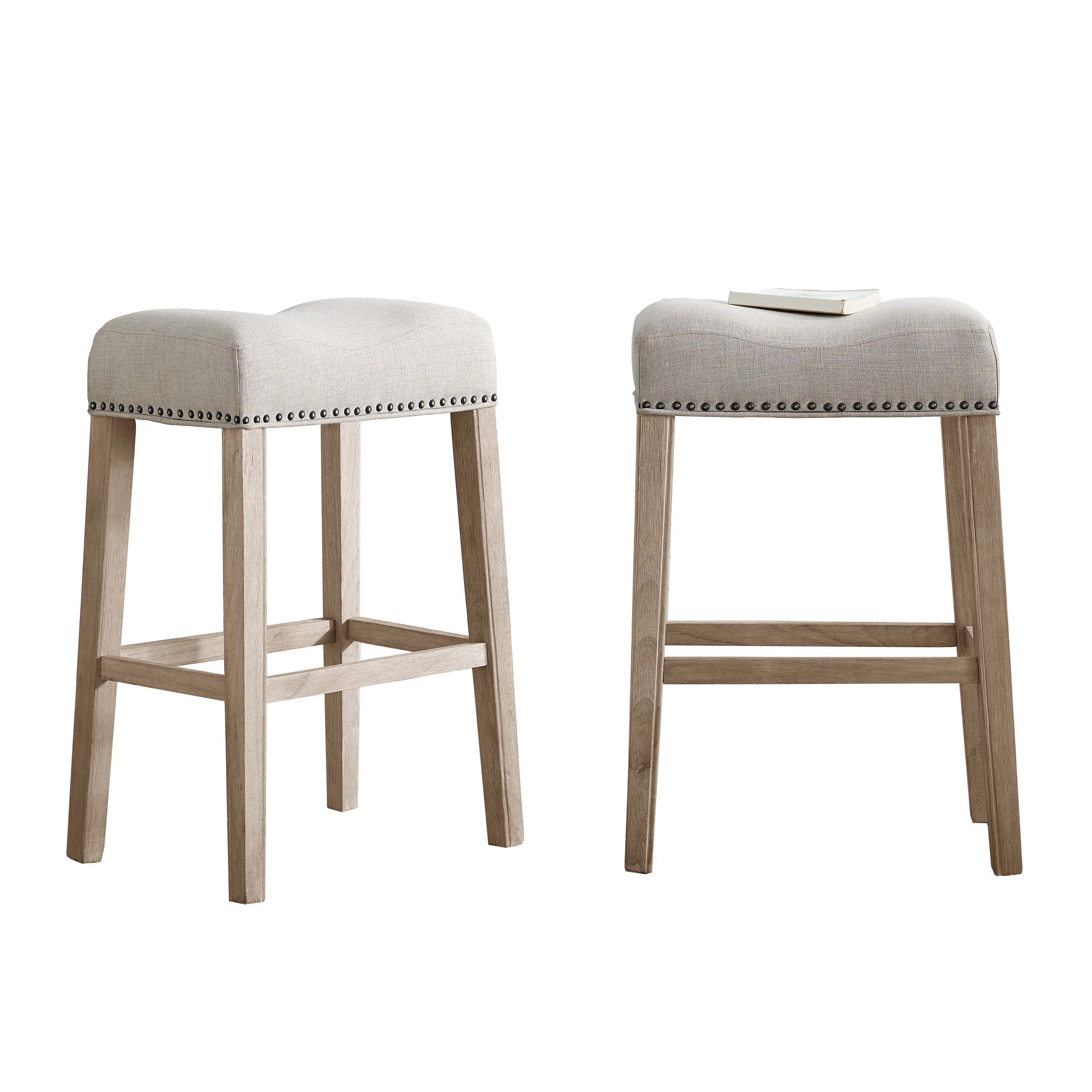 CoCo Upholstered Backless Saddle Seat Bar Stools Set of 2 - 29 Inch Height, Tan Fabric Counter Stools for Kitchen Island, Breakfast Bar & Home Decor