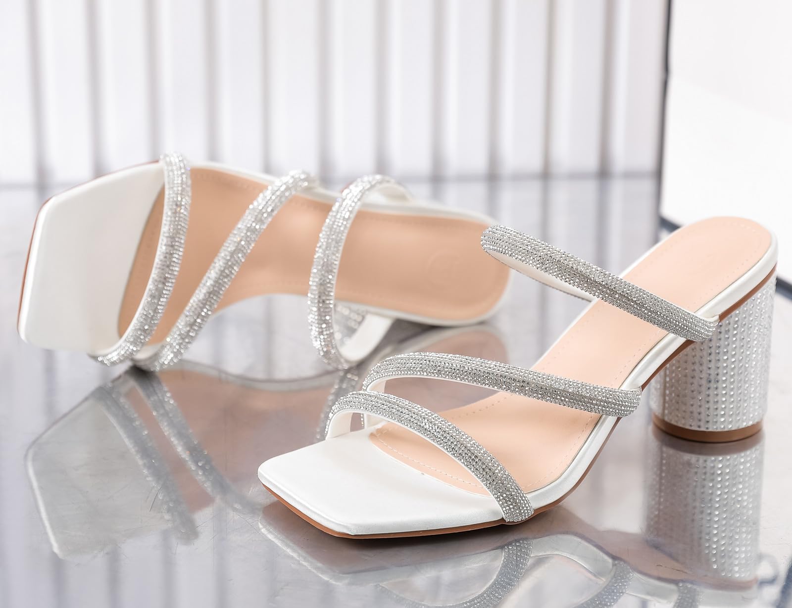 DADAWEN Women's Rhinestone Heeled Sandals - Square Toe Strappy Chunky Block Heels for Wedding, Party & Evening Events - Comfortable Dress Pumps for Women - Perfect for Bridal, Prom & Special Occasions