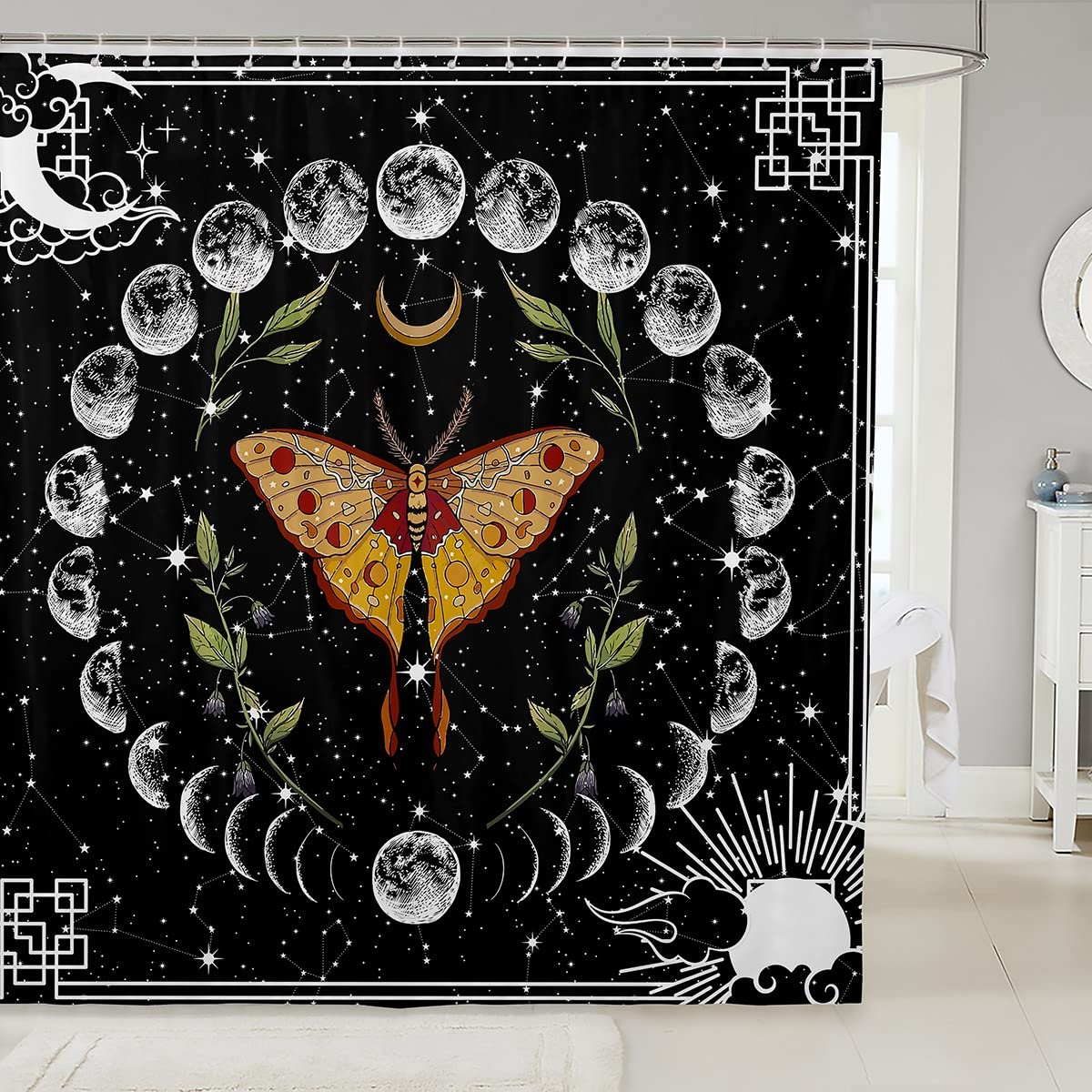 Gothic Moth Bathroom Shower Curtain - Sun and Moon Constellation Design with Starry Sky & Butterfly Floral Pattern - Medium Size Waterproof Fabric for Bathtub Decor (Perfect for Gothic, Celestial or Boho Style Bathrooms)