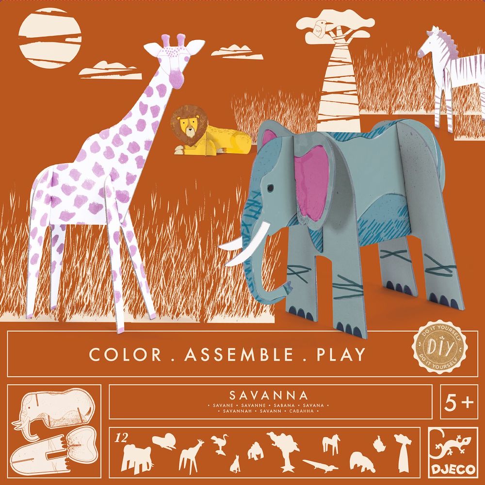 Djeco Savannah Animal Puzzle - Color, Assemble & Play - Creative Wooden Toy for Kids Ages 3-6 - Perfect for Preschool Learning & Family Game Night
