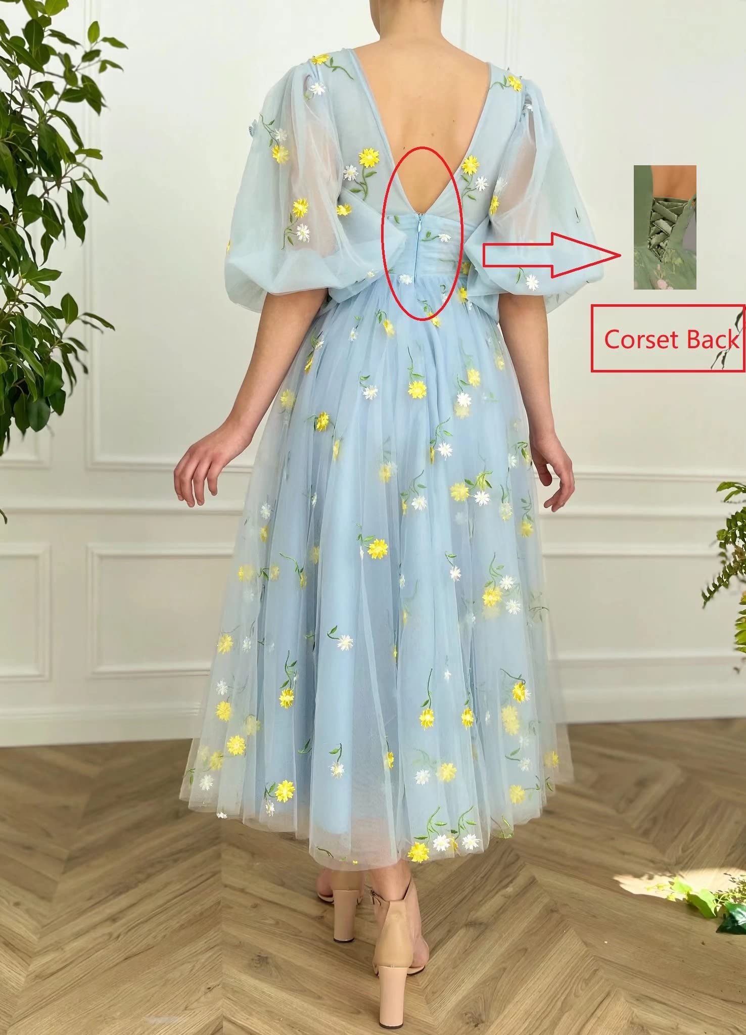 Xijun Women's Puffy Sleeve Prom Dress with Embroidery & Tulle - V-Neck Tea-Length Formal Evening Gown with Pockets for Homecoming, Wedding Guest & Special Occasions