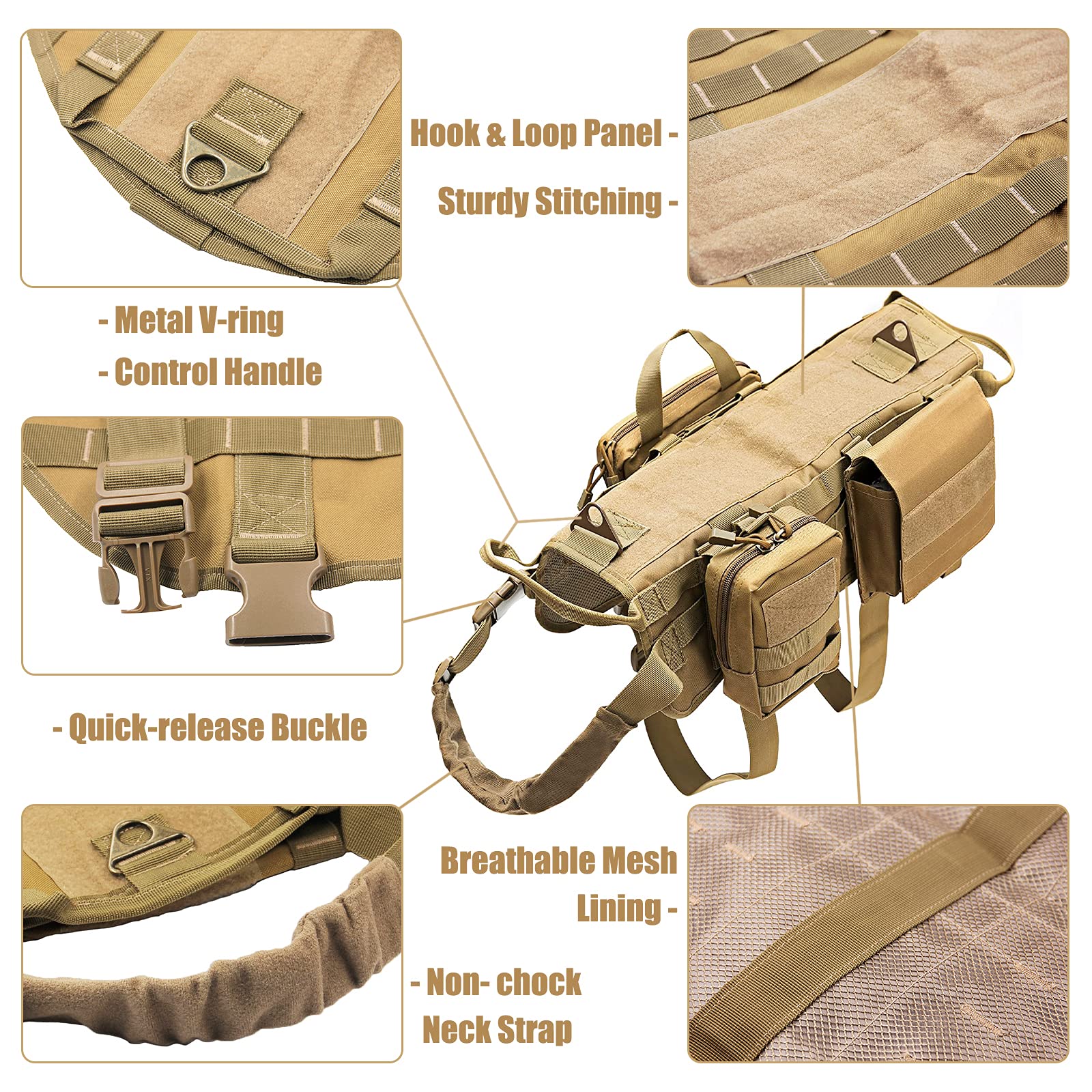 Tactical Dog Harness with Pouches - Adjustable Military Vest for Large & Medium Dogs | Hook & Loop Panels, Handle & No-Pull Design | Perfect for Walking, Hiking, Training & Service Dogs