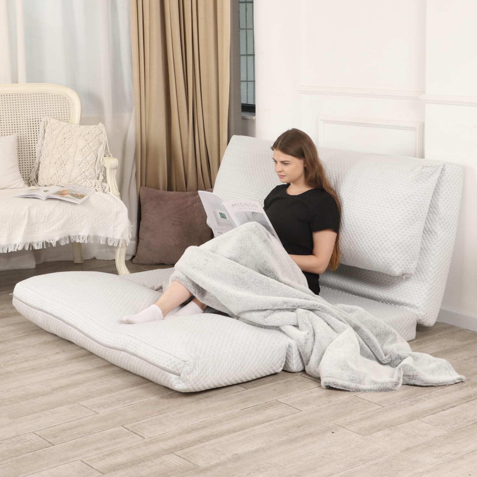 Breathable Cooling Bean Bag Sofa Bed - Foldable Full Size Floor Mattress for Hot Sleepers with Removable Washable Cover, Light Grey (54x95 Inches) - Perfect for Dorm Rooms, Guest Beds & Summer Napping