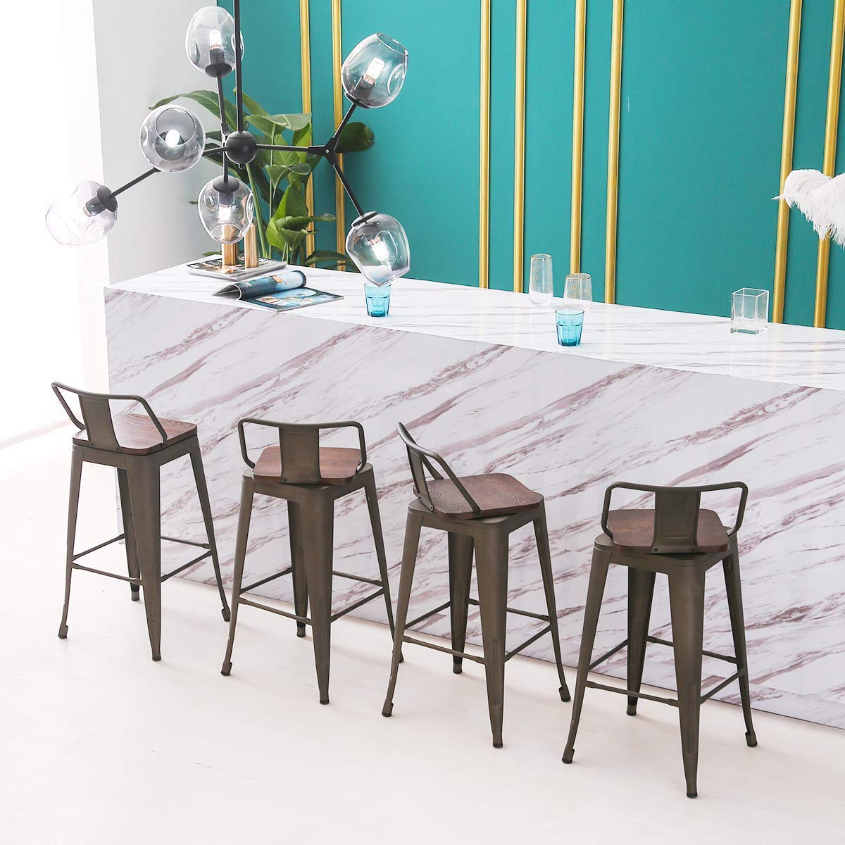 HAOBO Industrial Swivel Bar Stools Set of 4 - 24 Inch Metal Bar Height Stools with Rustic Finish - Perfect for Kitchen Island, Home Bar & Dining Room Counter