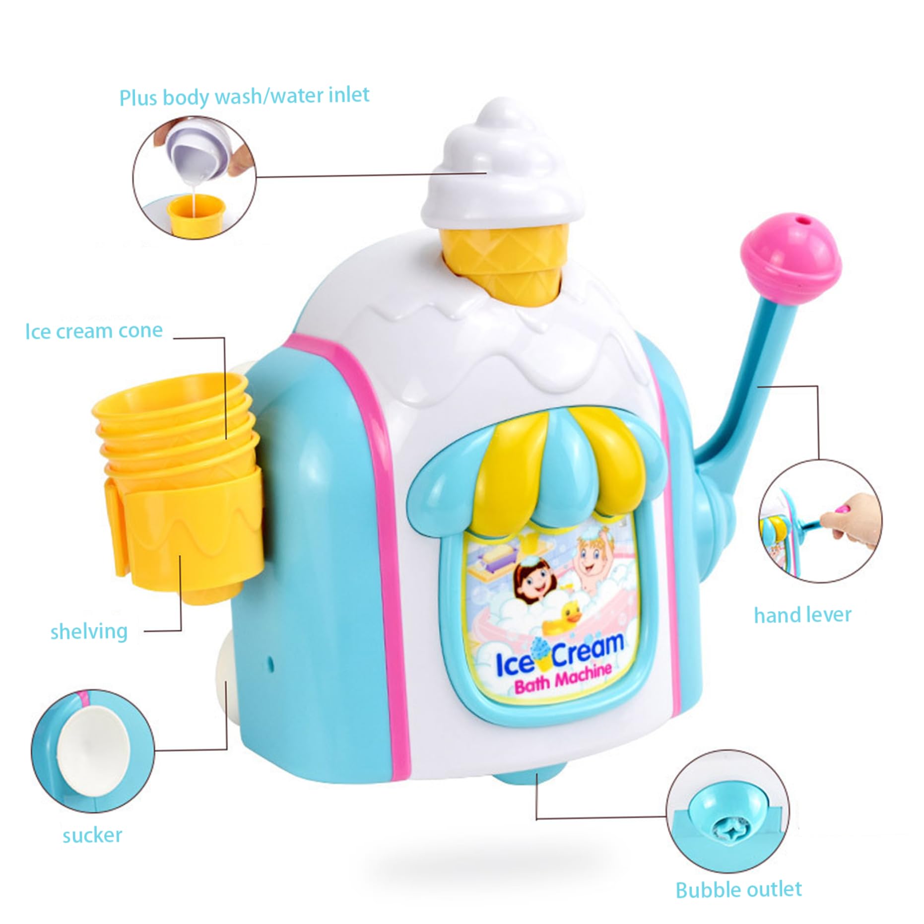 Bubble Ice Cream Bath Toy Set with 4 Cones - Fun Bath Bubble Machine for Kids - Cake-Themed Bathtime Play - Perfect for Sensory Play & Toddler Bath Time Fun