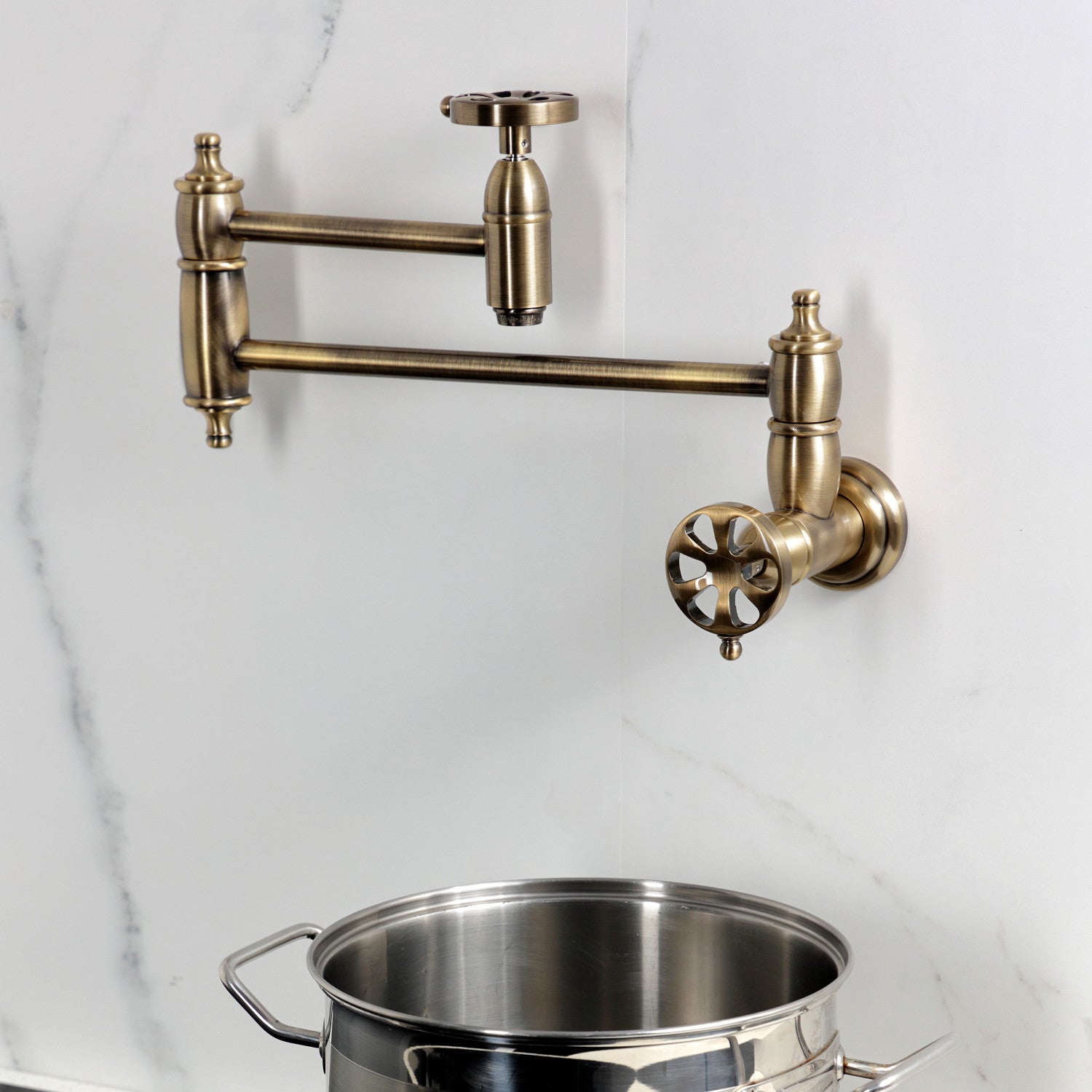Belknap KS3103RX Two Handle Wall Mount Pot Filler Faucet in Antique Brass - Perfect for Kitchen Sink, Stove & Cooking Area