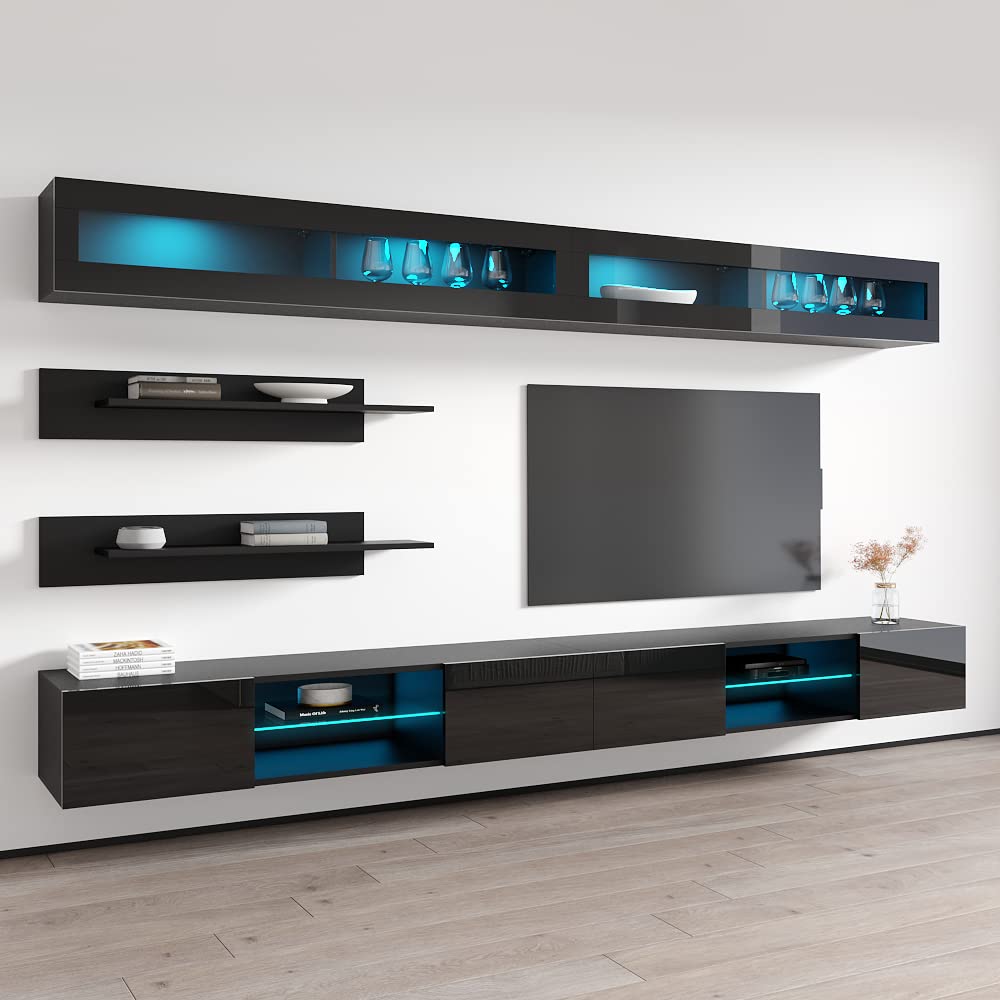 Modern Floating TV Stand with Storage & LED Lights - Wall-Mounted Entertainment Center for Living Room & Bedroom - Space-Saving TV Console with Shelves - Perfect for Small Apartments & Home Theater Setup (Black)