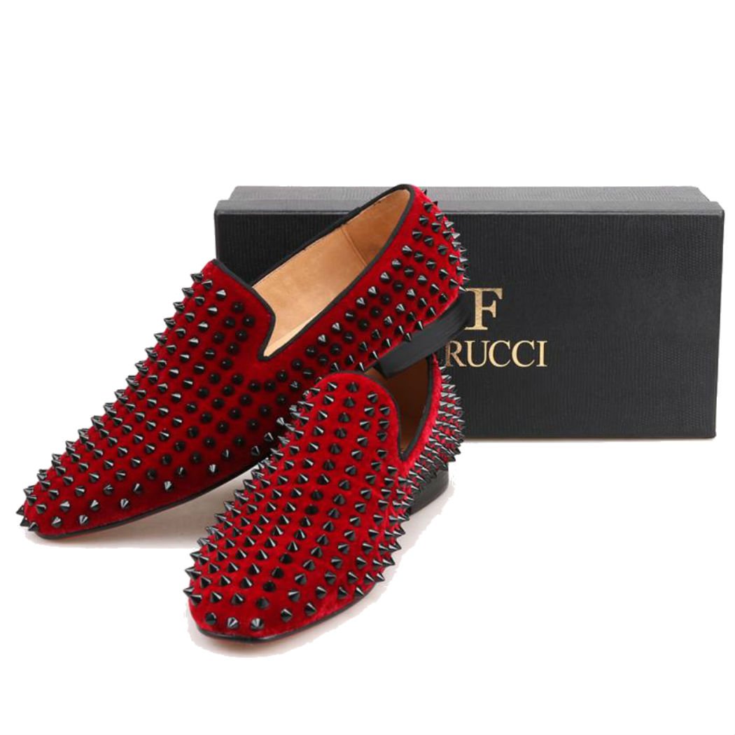 FERUCCI Men's Burgundy Velvet Loafers with Black Spikes - Comfortable House Slippers for Indoor/Outdoor Wear, Perfect for Lounge, Home, and Casual Occasions