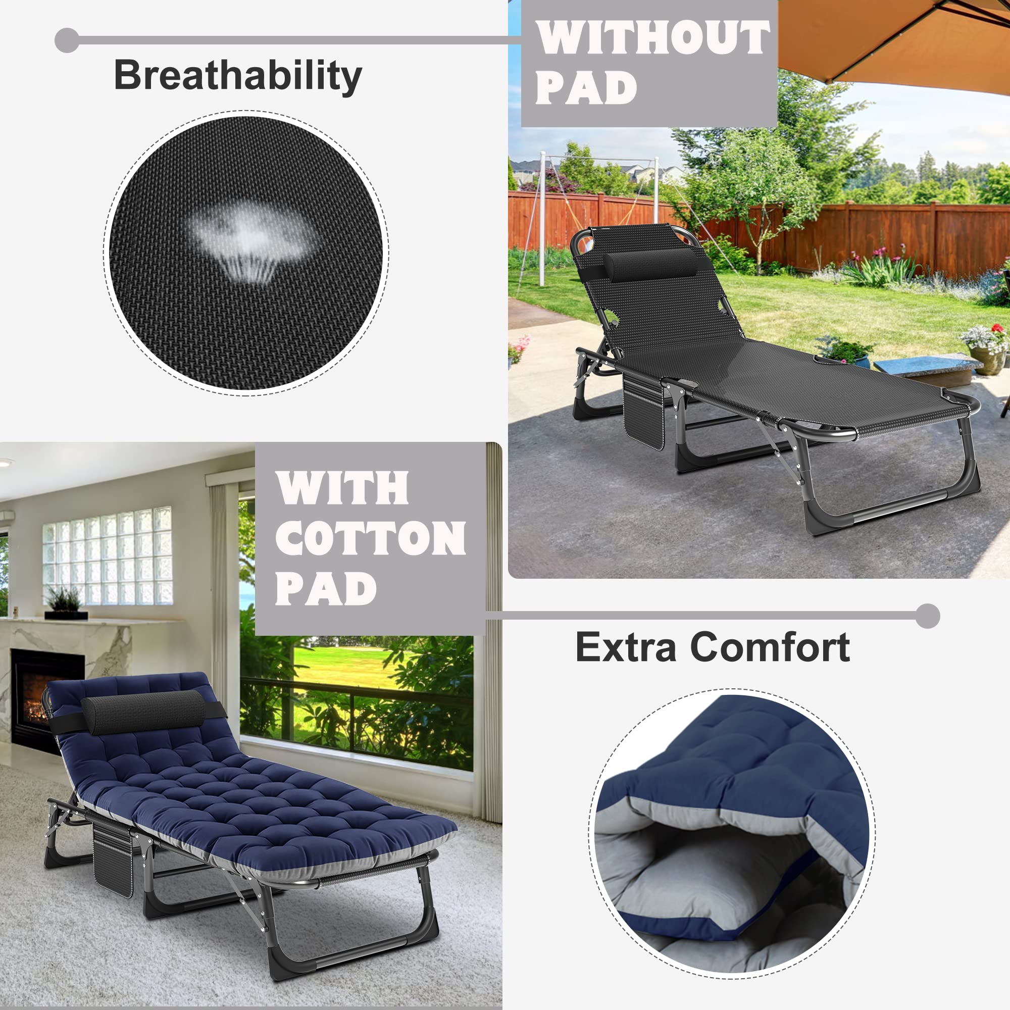 ABORON 5-Position Adjustable Camping Cot for Adults - Portable Folding Sleeping Cot & Lounge Chair with Pillow - Heavy Duty Outdoor Recliner for Beach, Pool, Lawn, Camping, Backyard & Sunbathing | Perfect for Travel, Picnics & Patio Relaxation