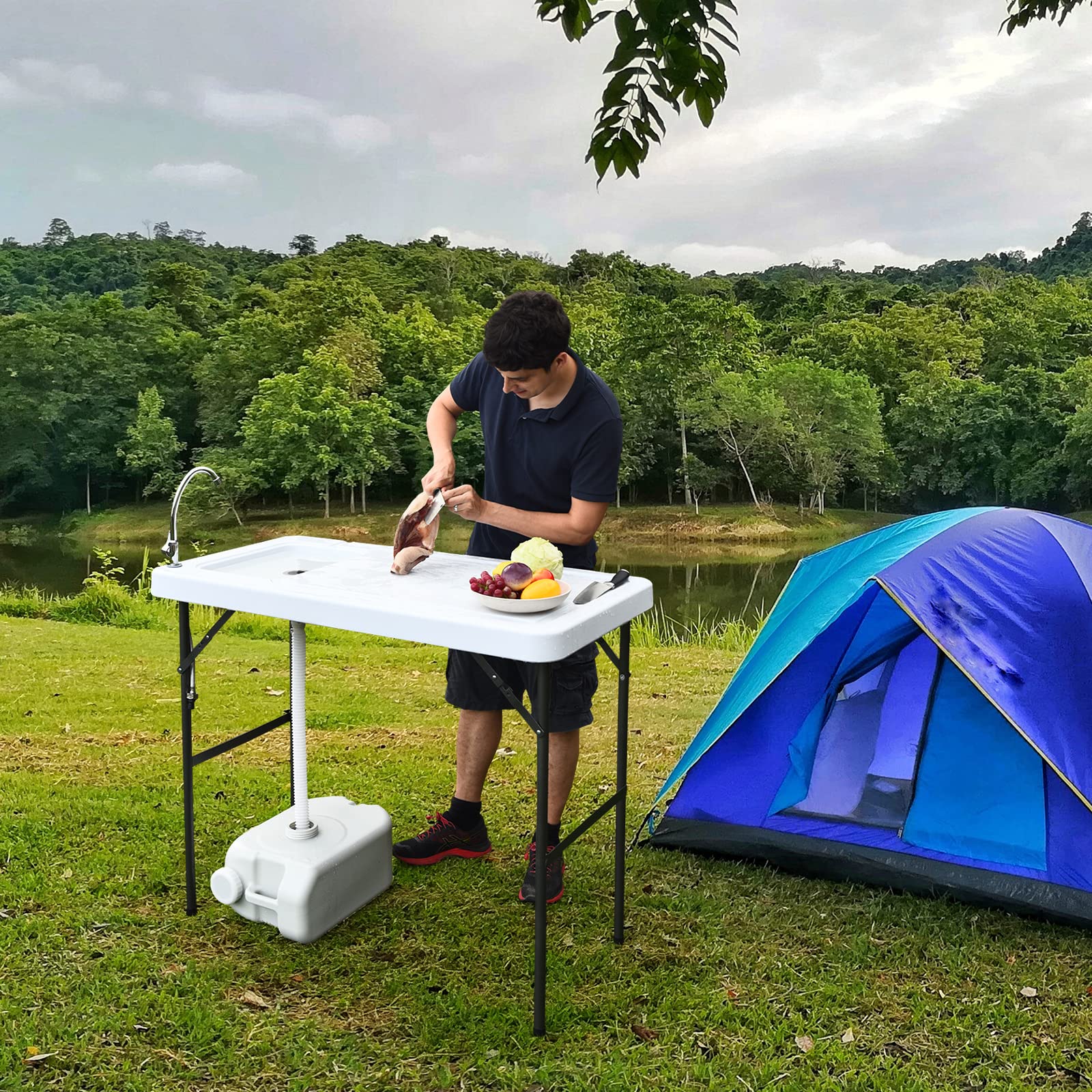 PETSITE Portable Fish Cleaning Table with Faucet - Foldable Outdoor Camping Sink for Picnic, Fishing & Backyard Use - White