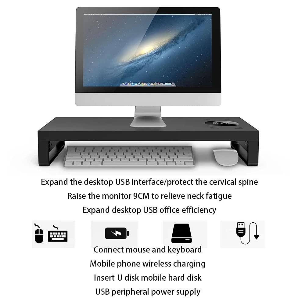 Adjustable Monitor Stand Riser with Storage Shelf - Ergonomic Computer Desk Organizer for Home Office, PC, Printer | Space-Saving USB Hub & Wireless Charging Station (No USB3.0/No Wireless Charging) - Perfect for Work from Home Setup