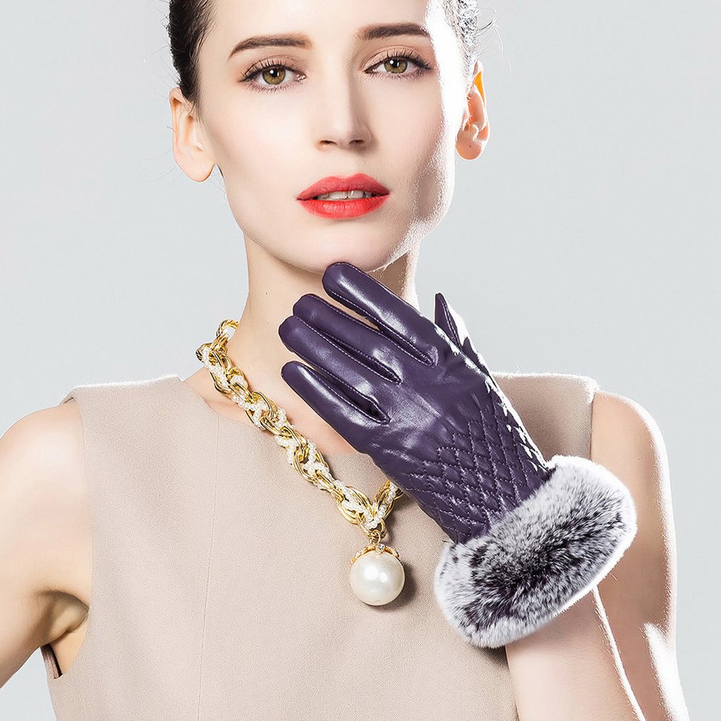 Women's Winter Leather Gloves with Rex Rabbit Fur Cuff - Warm Touchscreen Gloves for Cold Weather, Driving, and Outdoor Activities