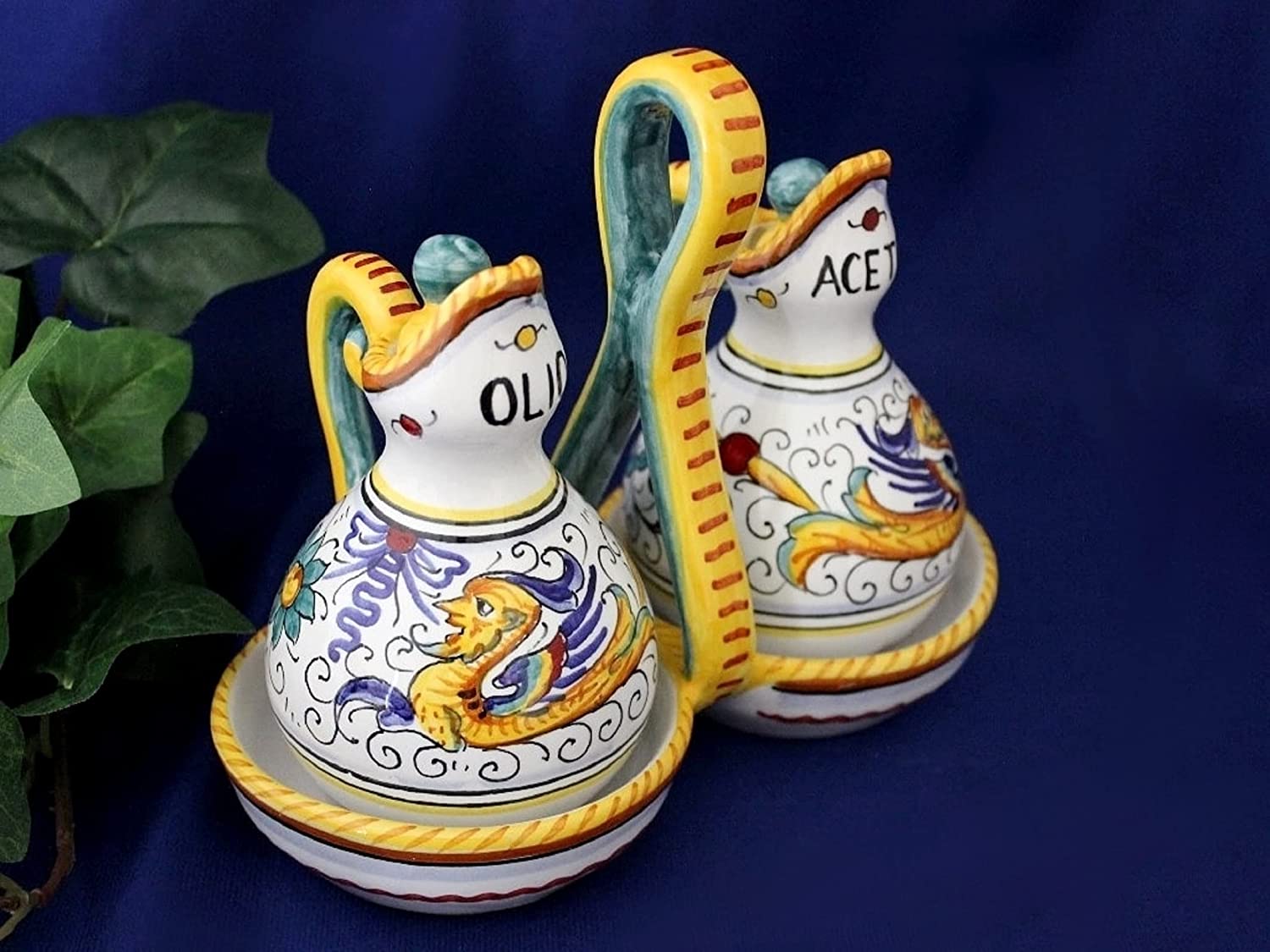Deruta Italy by Gute | Raffaellesco Handpainted Ceramic Oil & Vinegar Set | Authentic Italian Pottery Handmade in Deruta | Perfect for Kitchen Decor, Italian Cooking & Gift Giving