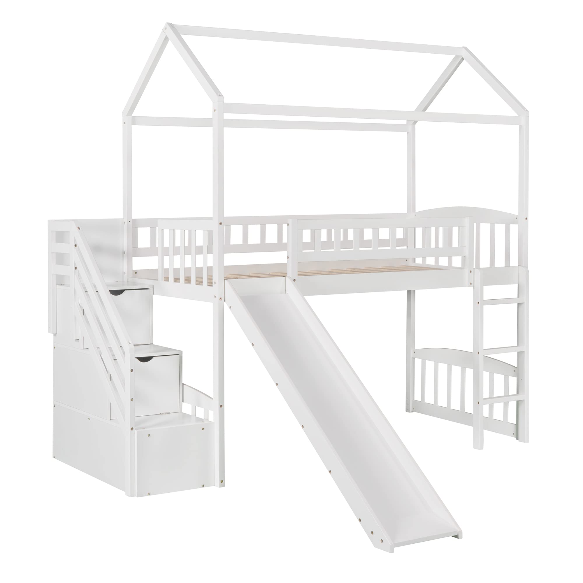 Harper & Bright Designs Twin Loft Bed with Slide, Storage, Stairs & Roof - Wooden Kids Loft Bed Frame for Boys & Girls - Perfect for Small Rooms, Playrooms & Sleepovers (Twin Size, White)