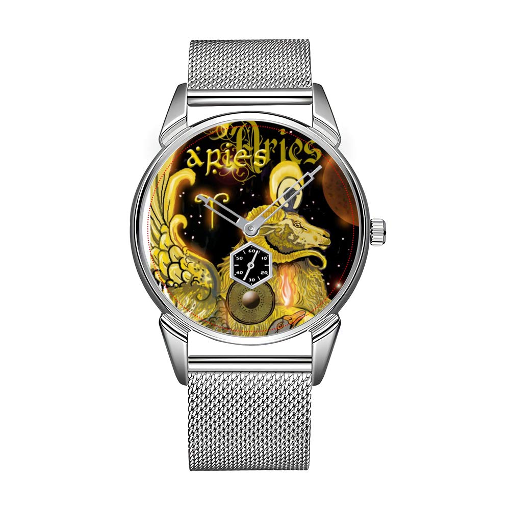 Luxury Men's Stainless Steel Waterproof Watch - Top Brand Silver Aries Zodiac Design for Business & Formal Occasions