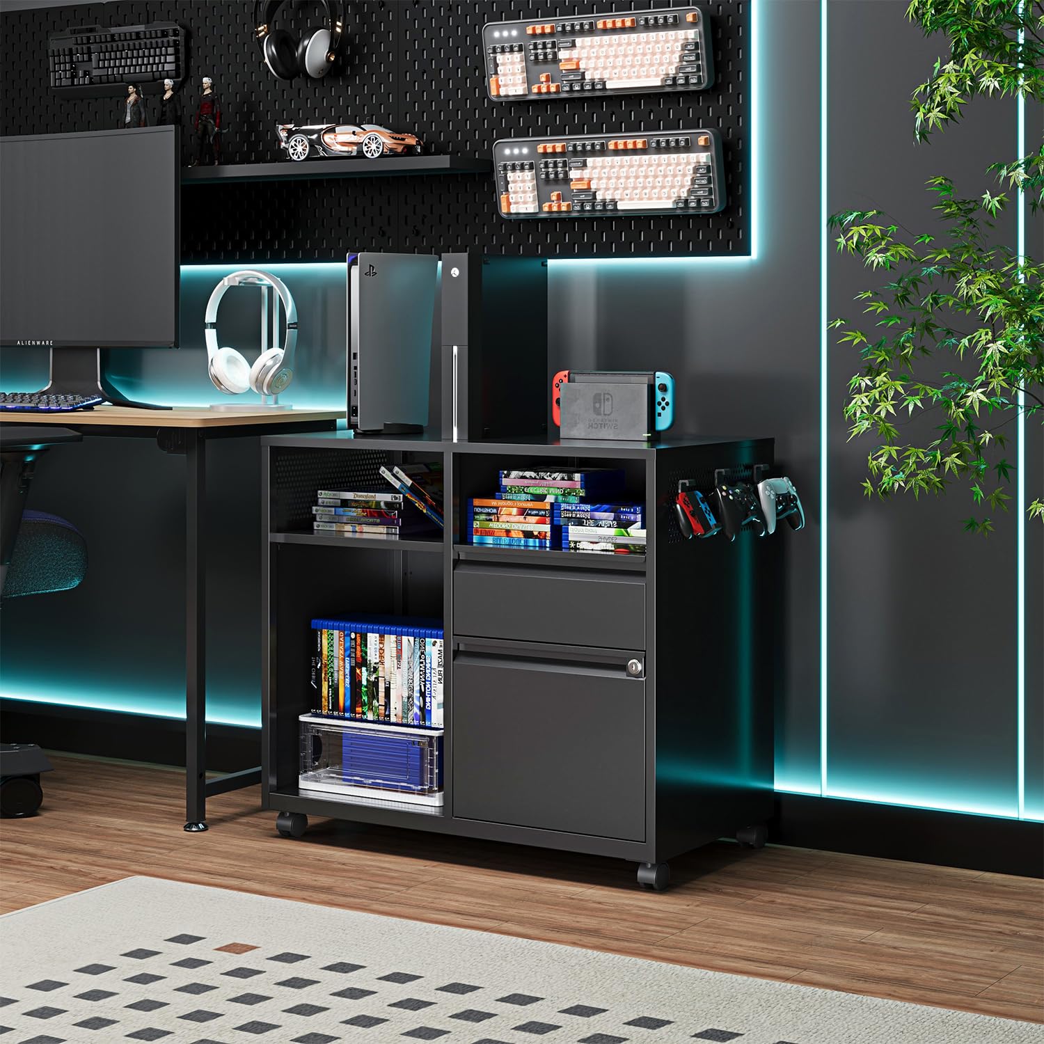 2-Drawer Metal Filing Cabinet with Lock - Lateral Home Office File Organizer, Rolling Printer Stand with Open Shelf for Letter/A4 Size Documents | Perfect for Office Storage & Workspace Organization