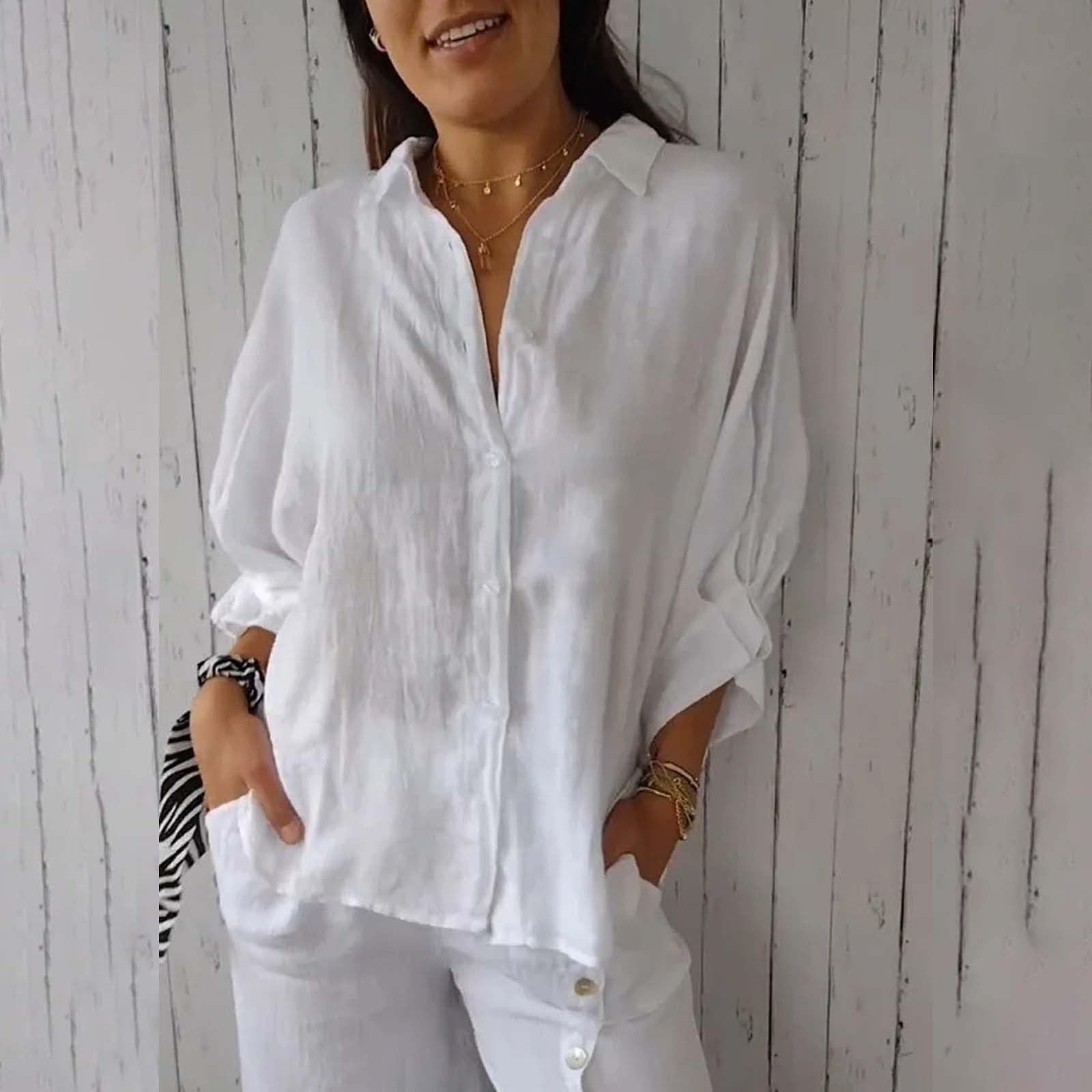 Women's Button Down V-Neck Chiffon Blouse - 3/4 Sleeve Loose Fit Linen Shirt for Work & Casual Wear | Oversized Collared Top for Office, Date Night & Summer Outfits