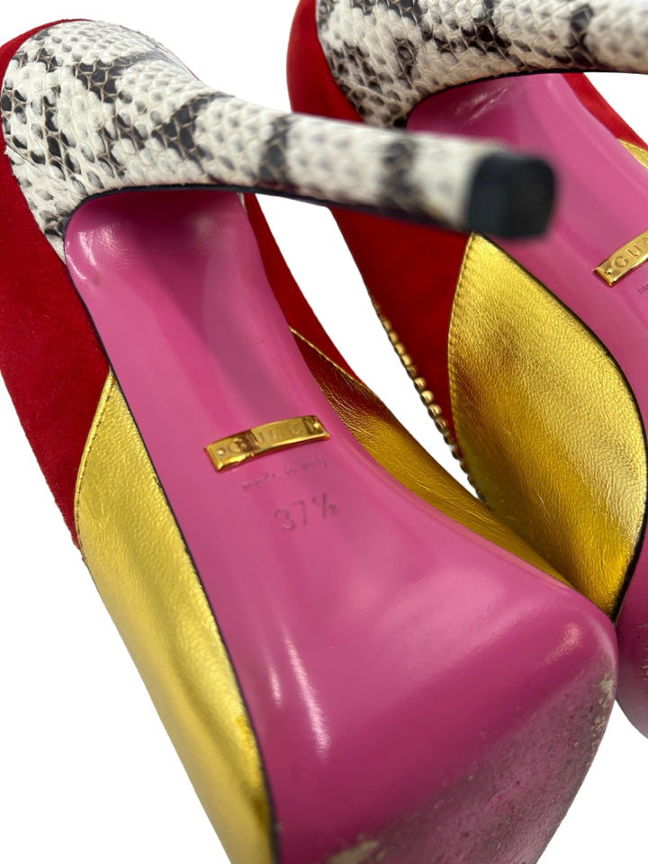 Authentic Gucci Suede Elaphe Snakeskin Peachy Pumps Women's Size 37.5 (US 6.5) - Luxury Designer Heels for Parties & Special Occasions
